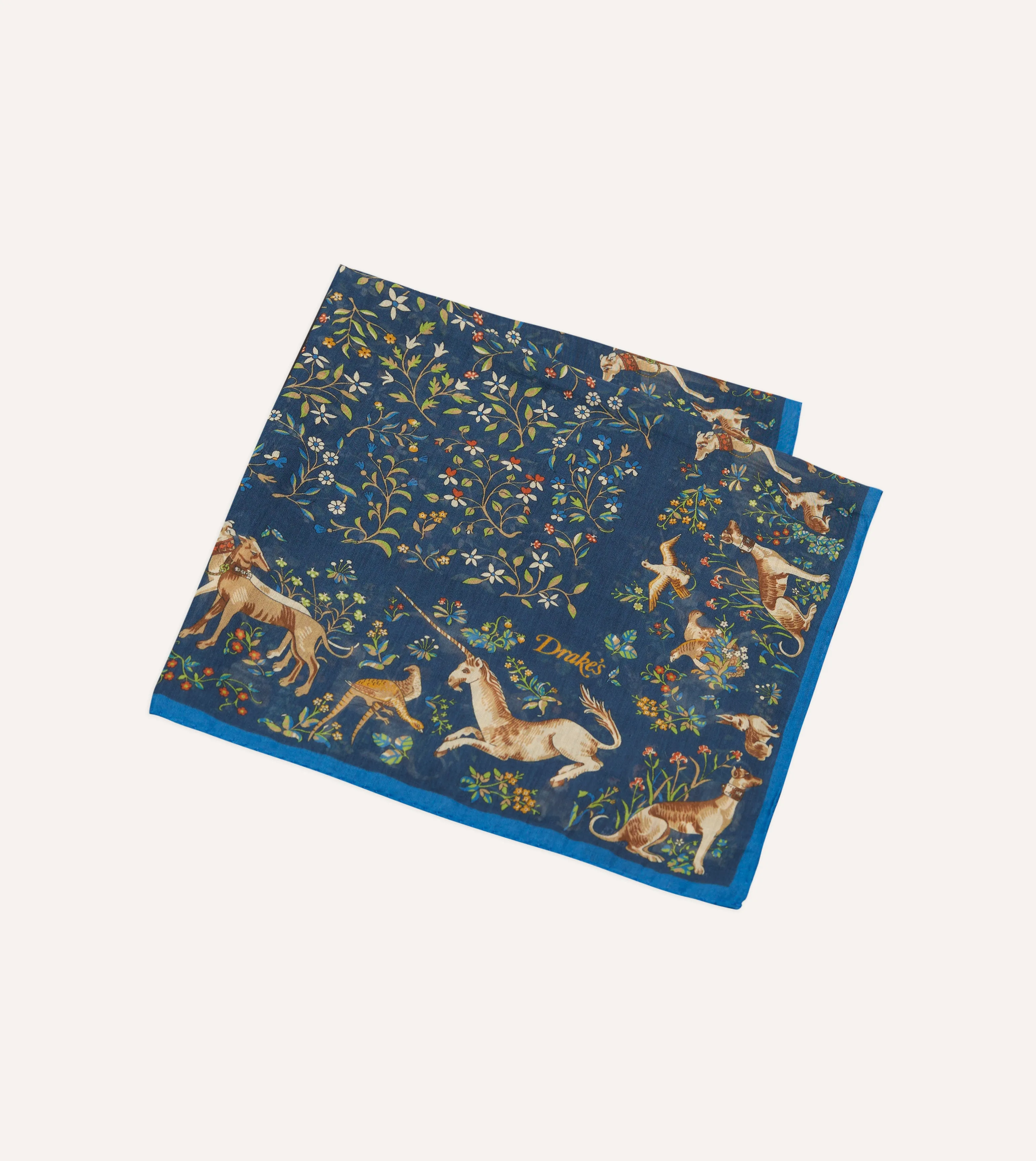 Navy and Blue Unicorn Garden Printed Cotton-Silk Pocket Square