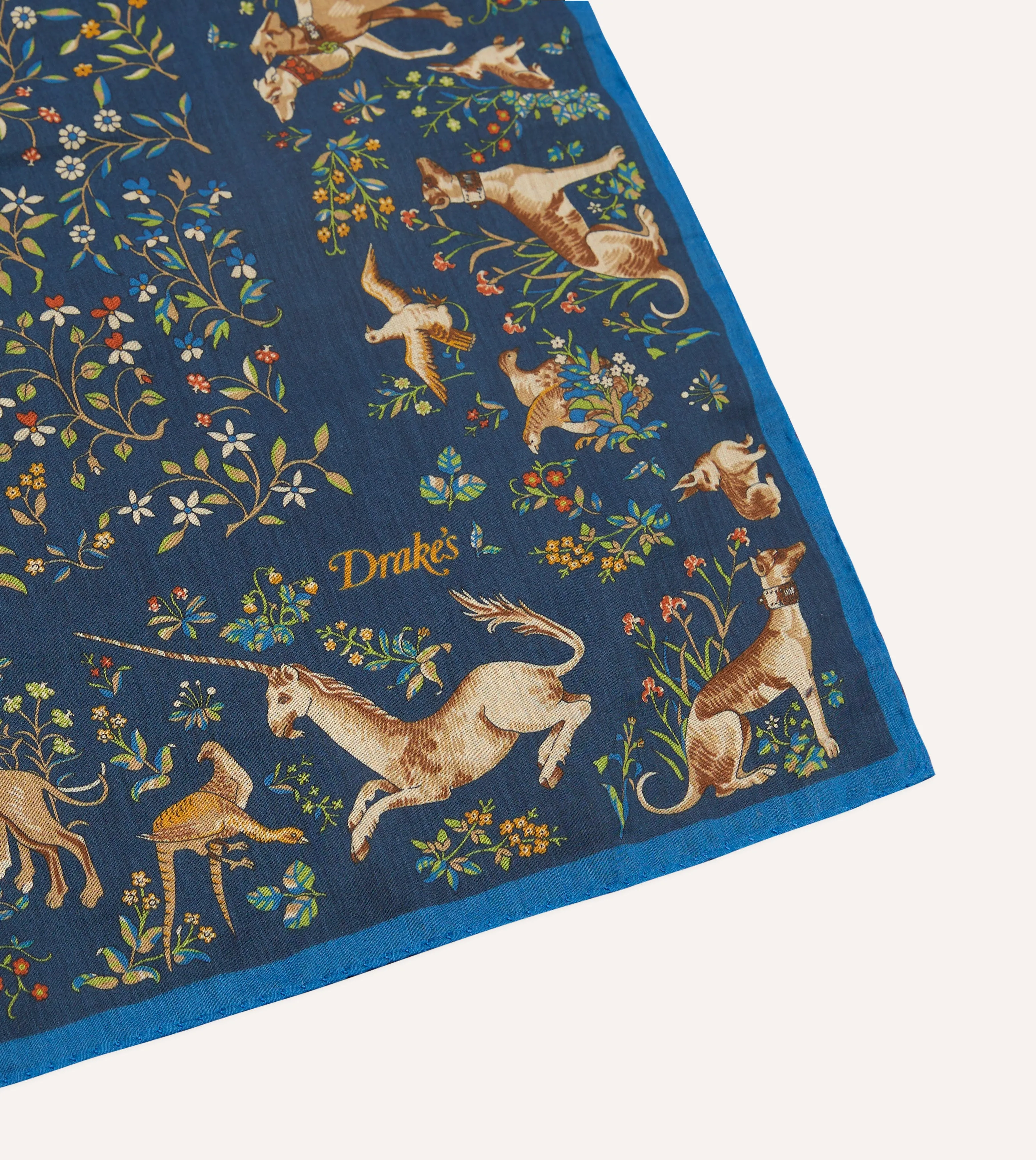 Navy and Blue Unicorn Garden Printed Cotton-Silk Pocket Square