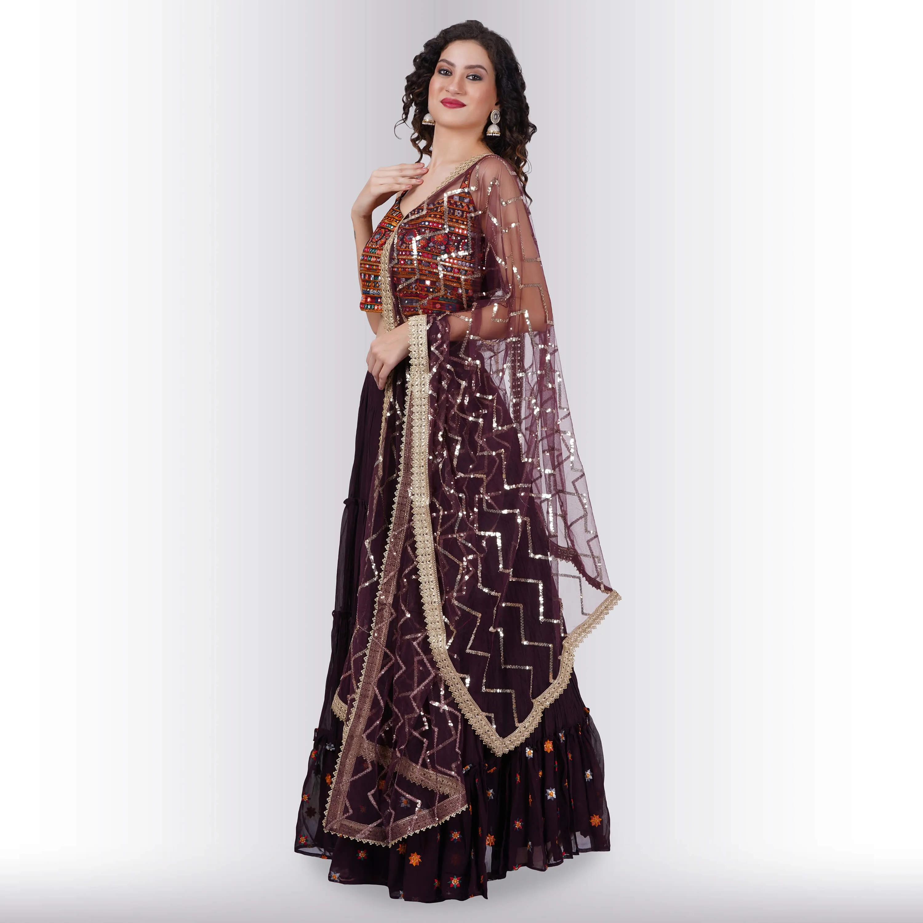 Chania choli with spaghetti strap blouse - Maroon