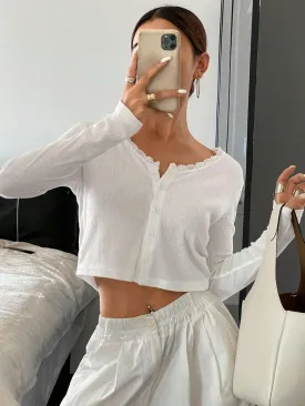 Cioatin Women V Neck Lace Trim Button Down Open Front Pointelle Crop Cardigan Long Sleeve Clean Fit Y2K Minimalist Shirt Tops
