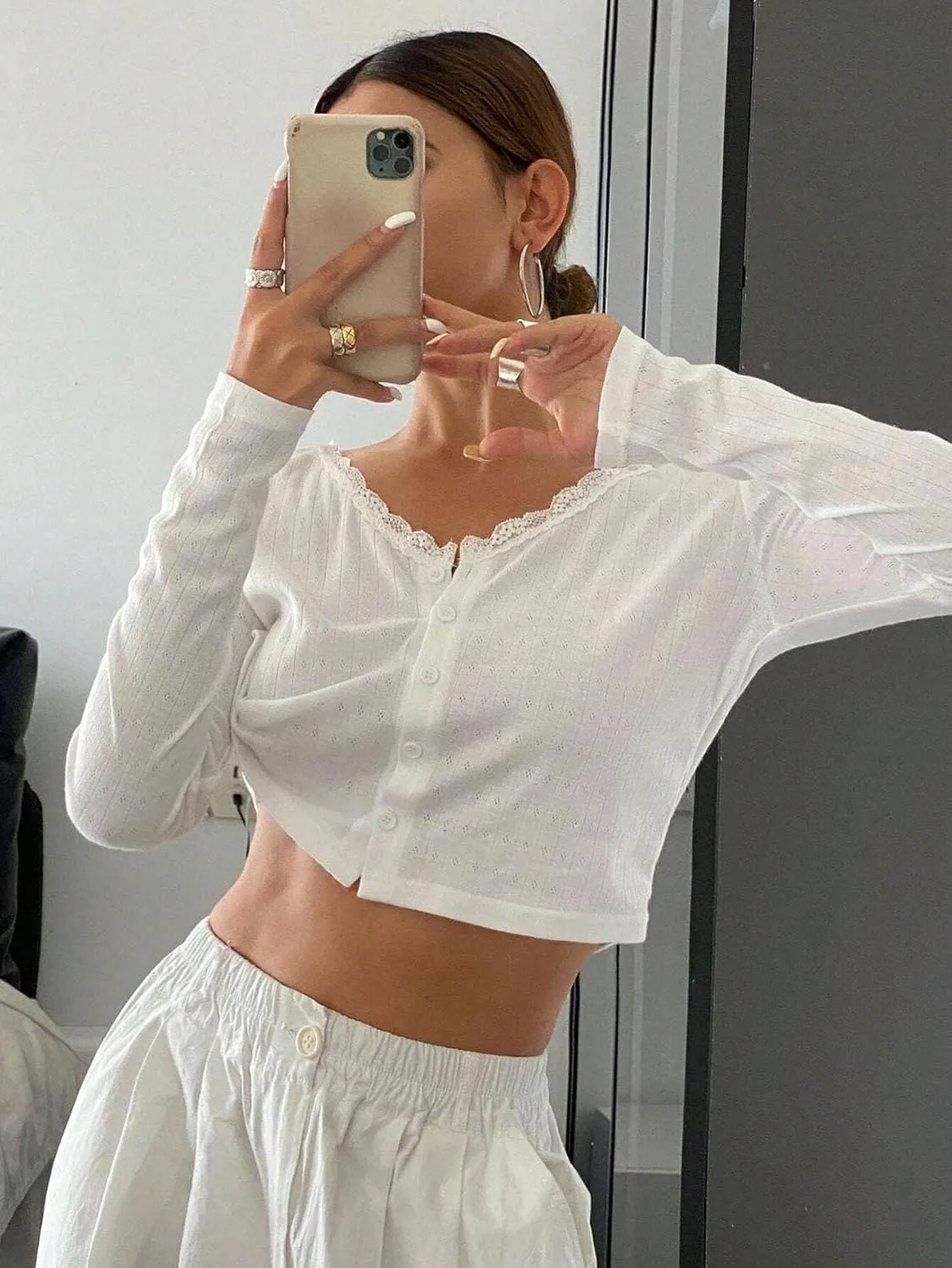 Cioatin Women V Neck Lace Trim Button Down Open Front Pointelle Crop Cardigan Long Sleeve Clean Fit Y2K Minimalist Shirt Tops