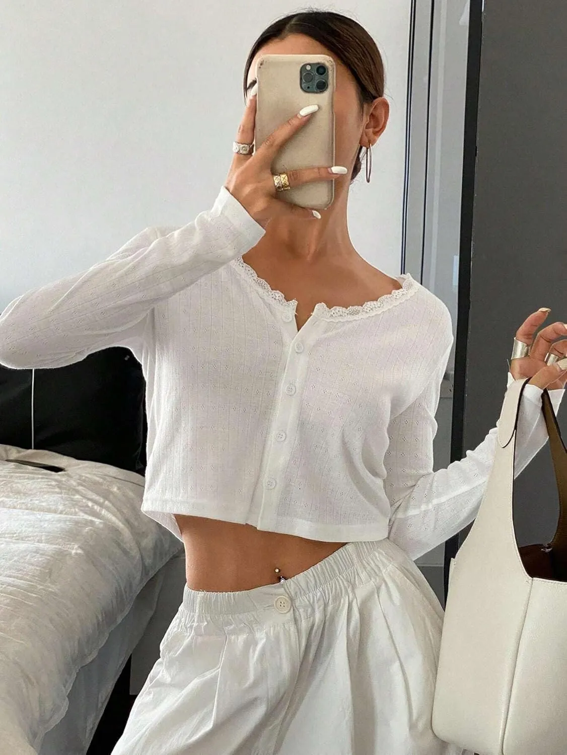 Cioatin Women V Neck Lace Trim Button Down Open Front Pointelle Crop Cardigan Long Sleeve Clean Fit Y2K Minimalist Shirt Tops