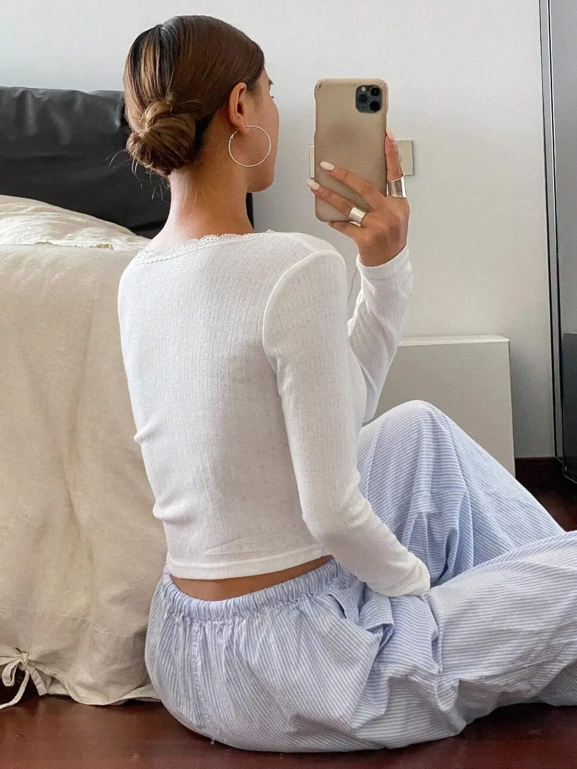 Cioatin Women V Neck Lace Trim Button Down Open Front Pointelle Crop Cardigan Long Sleeve Clean Fit Y2K Minimalist Shirt Tops