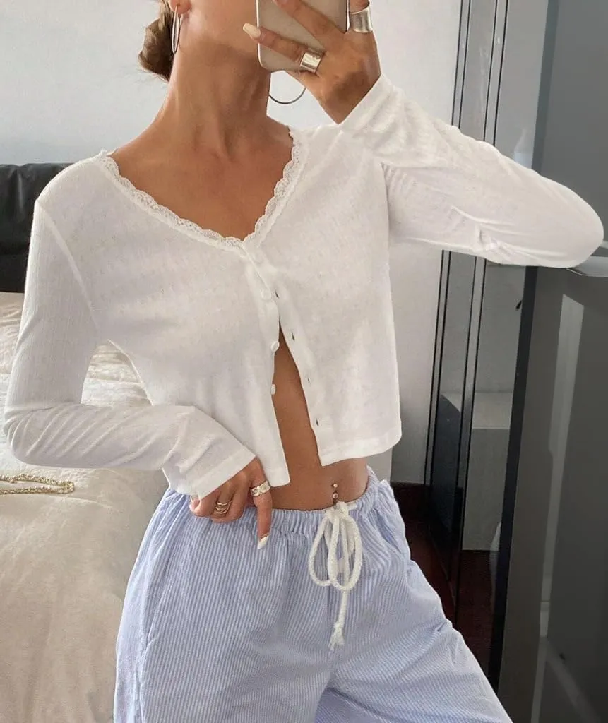 Cioatin Women V Neck Lace Trim Button Down Open Front Pointelle Crop Cardigan Long Sleeve Clean Fit Y2K Minimalist Shirt Tops