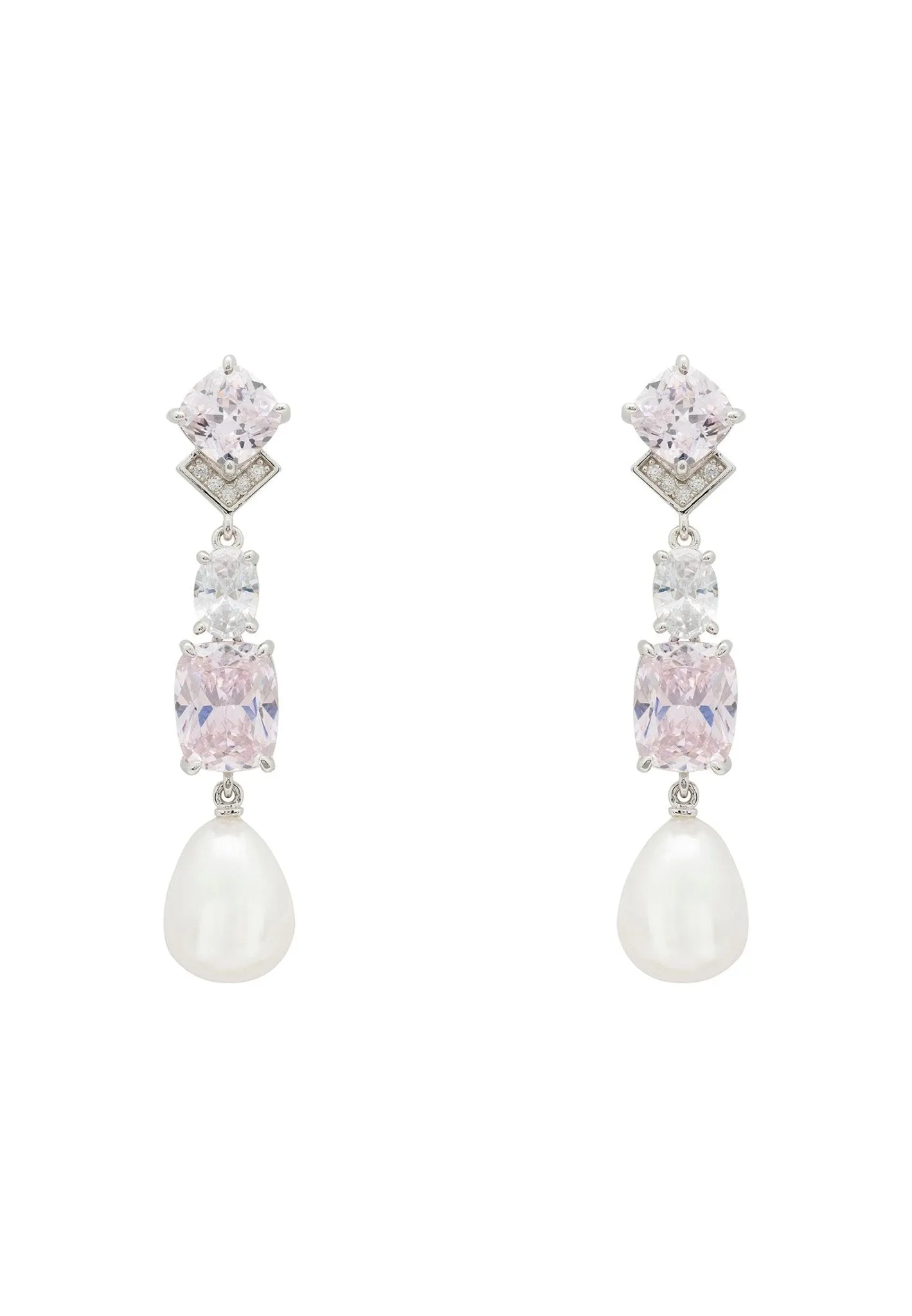 Cordelia Pearl & Pink Morganite Long Drop Earrings Silver