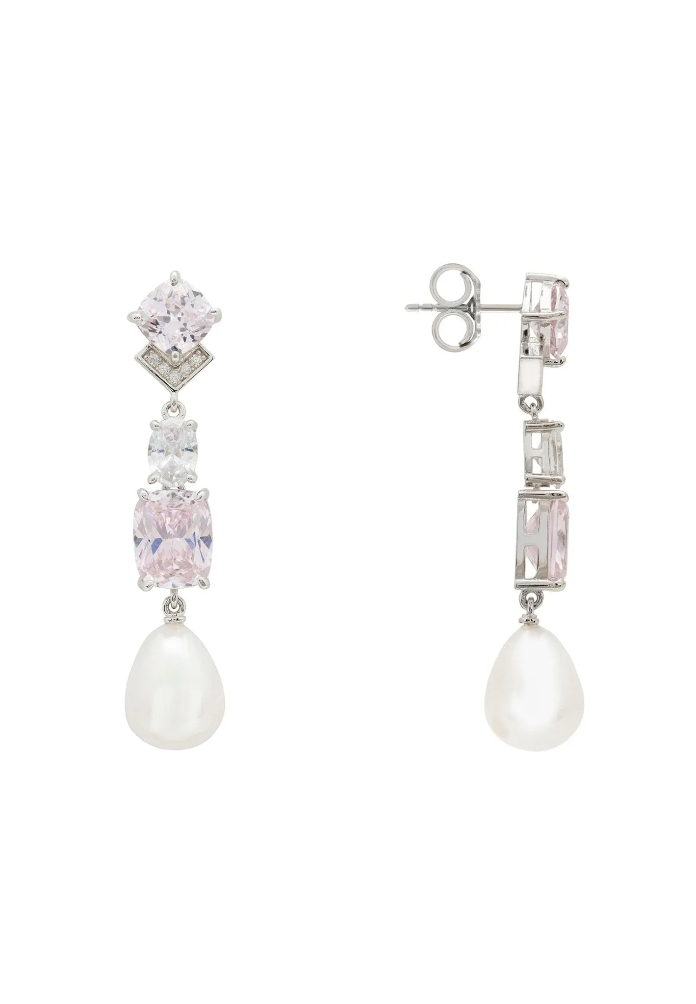 Cordelia Pearl & Pink Morganite Long Drop Earrings Silver