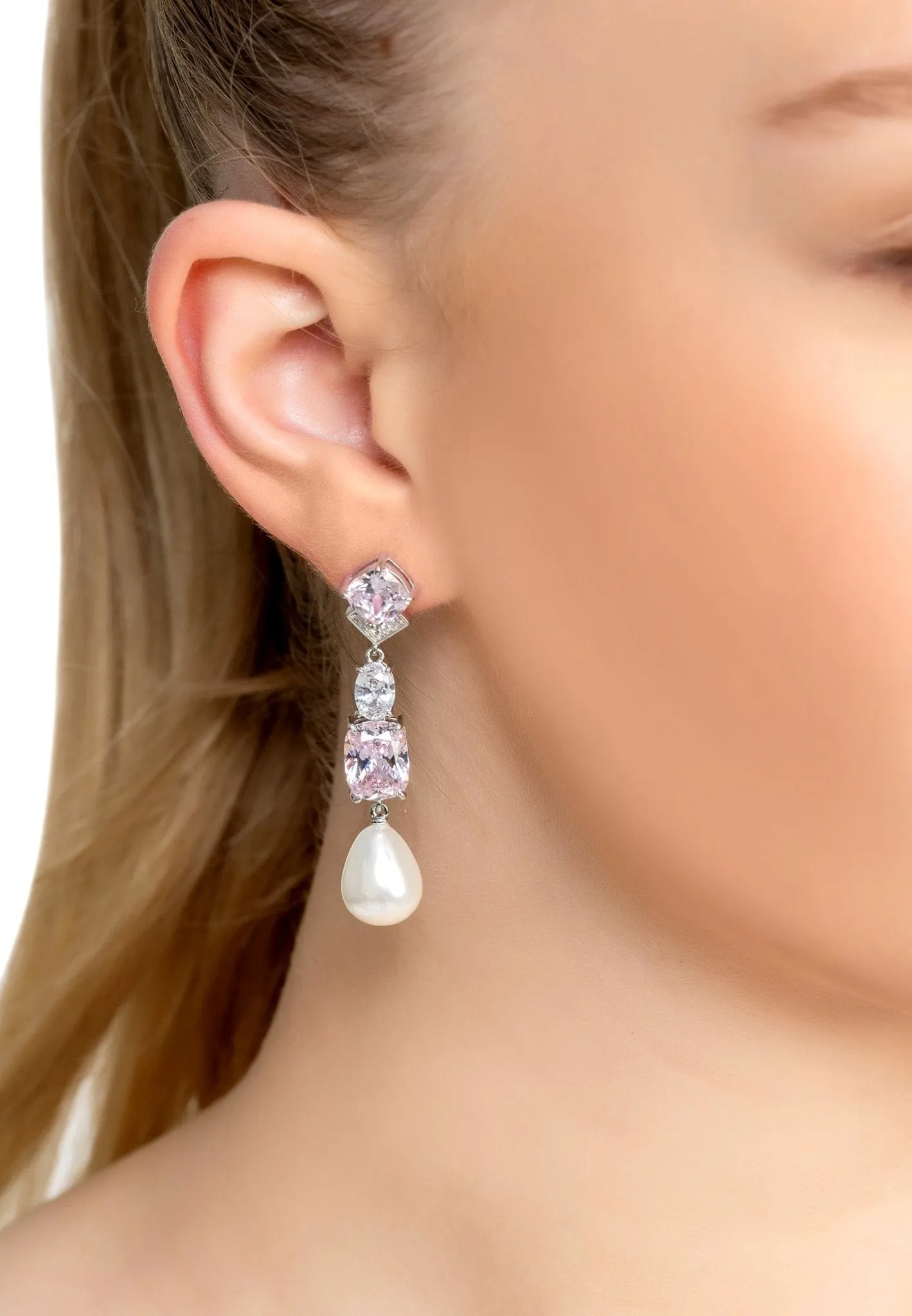 Cordelia Pearl & Pink Morganite Long Drop Earrings Silver