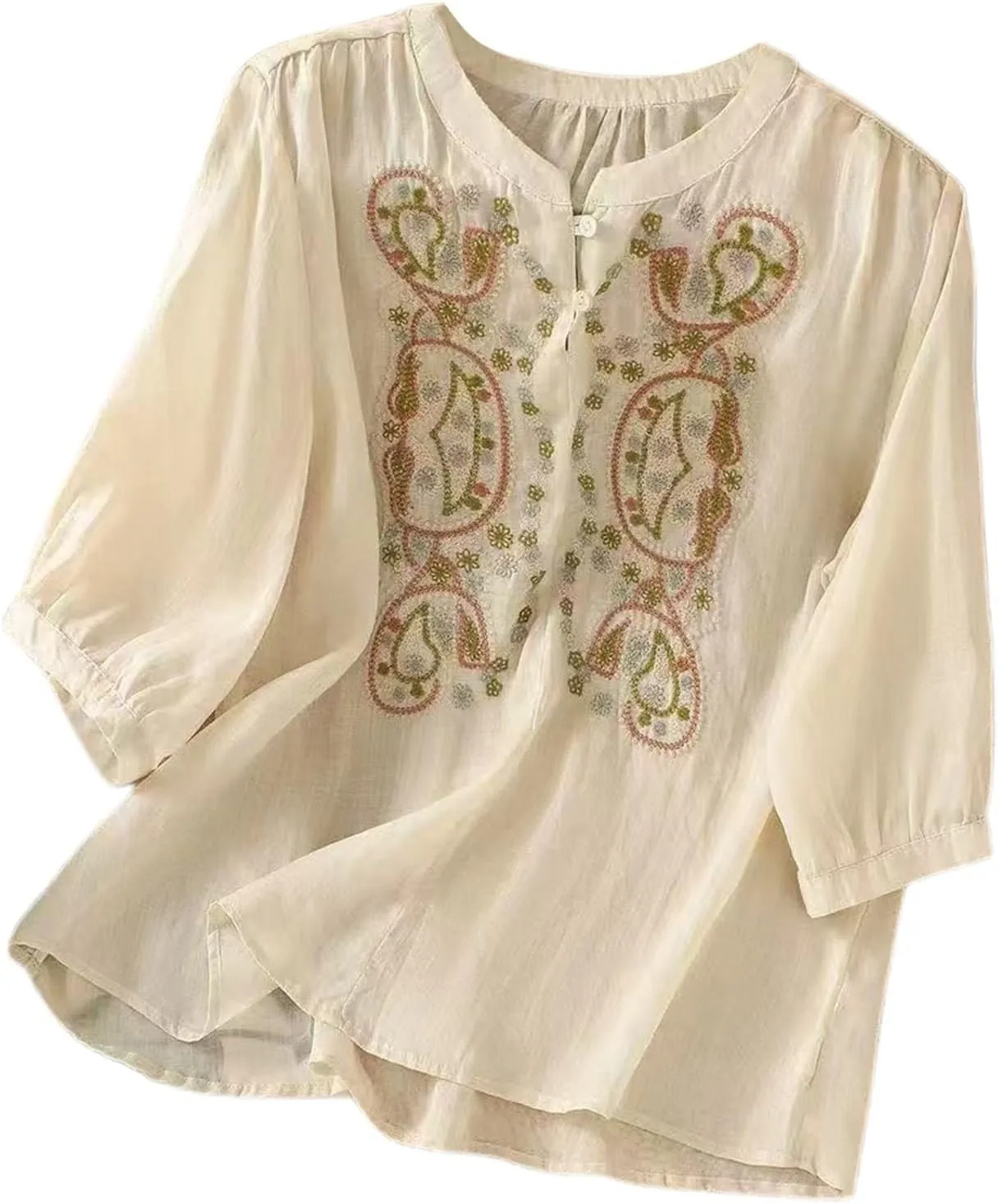 Cotton Linen Shirts for Women 2025 Floral Embroidered Tops Boho Ethnic Women 3/4 Sleeve V Neck Gauze Tunic Tshirt