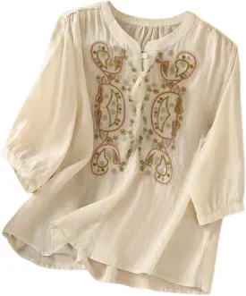 Cotton Linen Shirts for Women 2025 Floral Embroidered Tops Boho Ethnic Women 3/4 Sleeve V Neck Gauze Tunic Tshirt