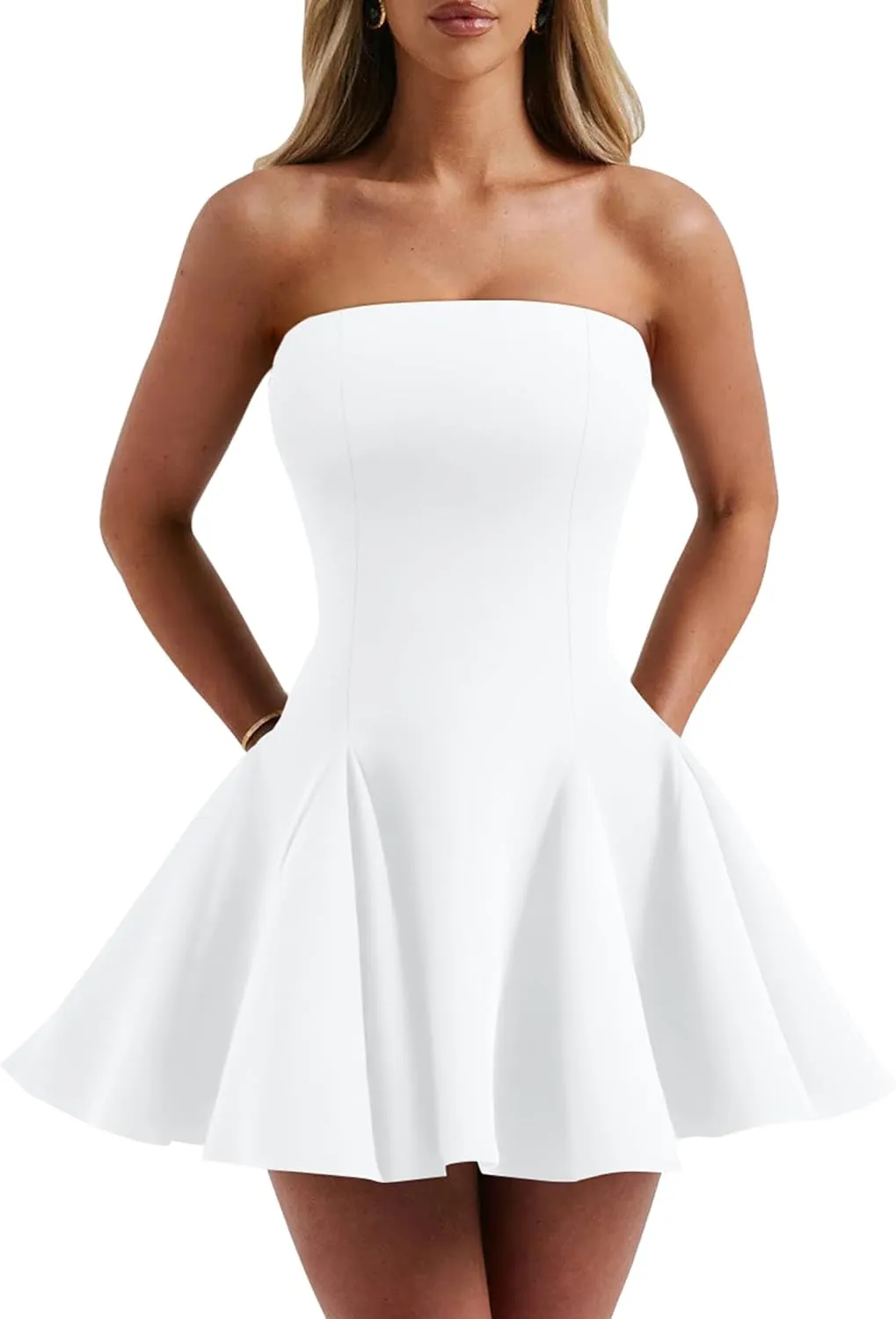 DAAWENXI Women's Sexy Summer Strapless Mini Dress Off Shoulder Sleeveless Ruffle Flowy Party Dresses
