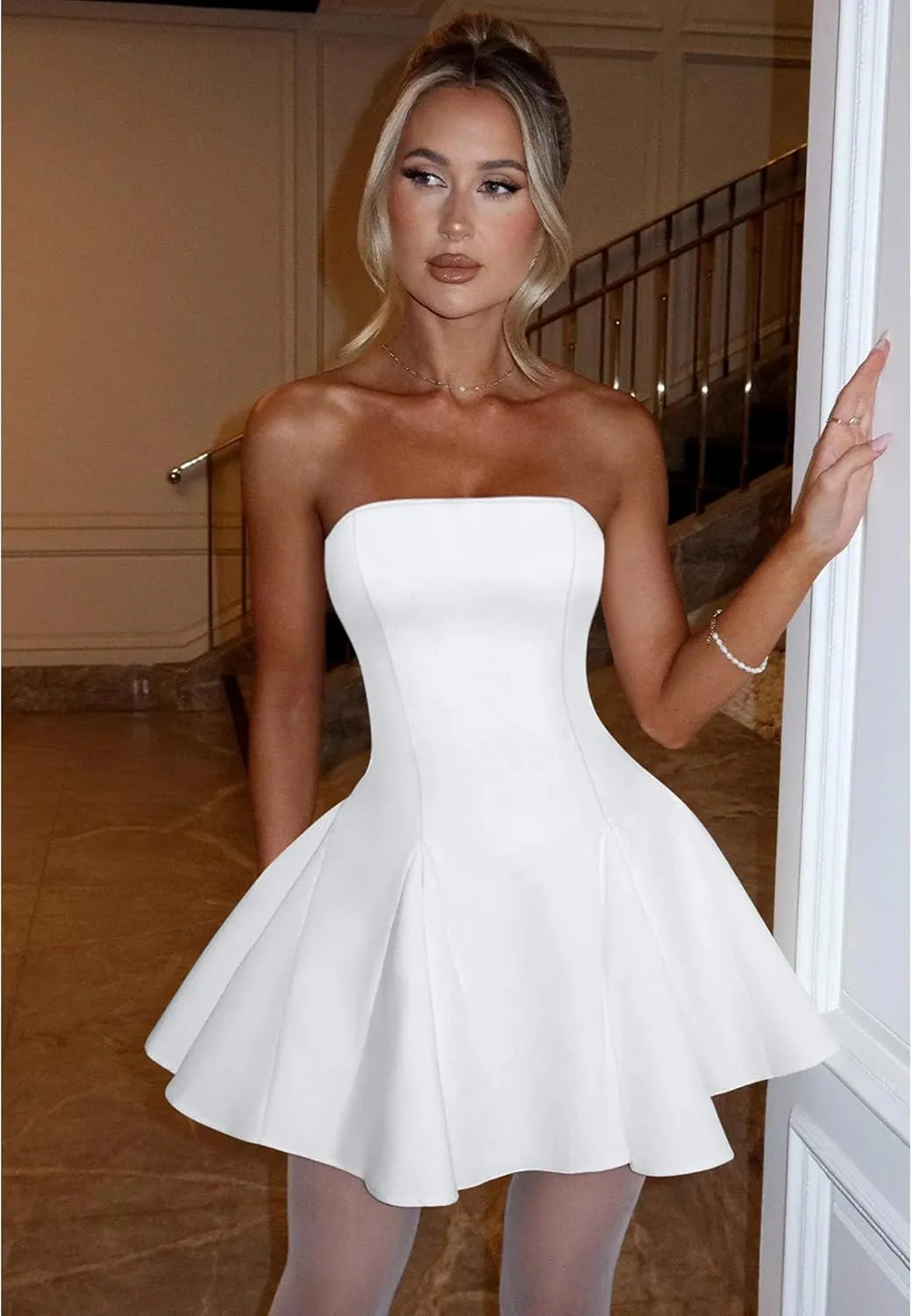 DAAWENXI Women's Sexy Summer Strapless Mini Dress Off Shoulder Sleeveless Ruffle Flowy Party Dresses