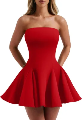 DAAWENXI Women's Sexy Summer Strapless Mini Dress Off Shoulder Sleeveless Ruffle Flowy Party Dresses