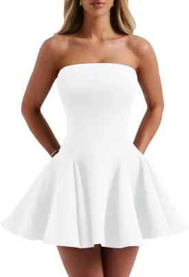 DAAWENXI Women's Sexy Summer Strapless Mini Dress Off Shoulder Sleeveless Ruffle Flowy Party Dresses