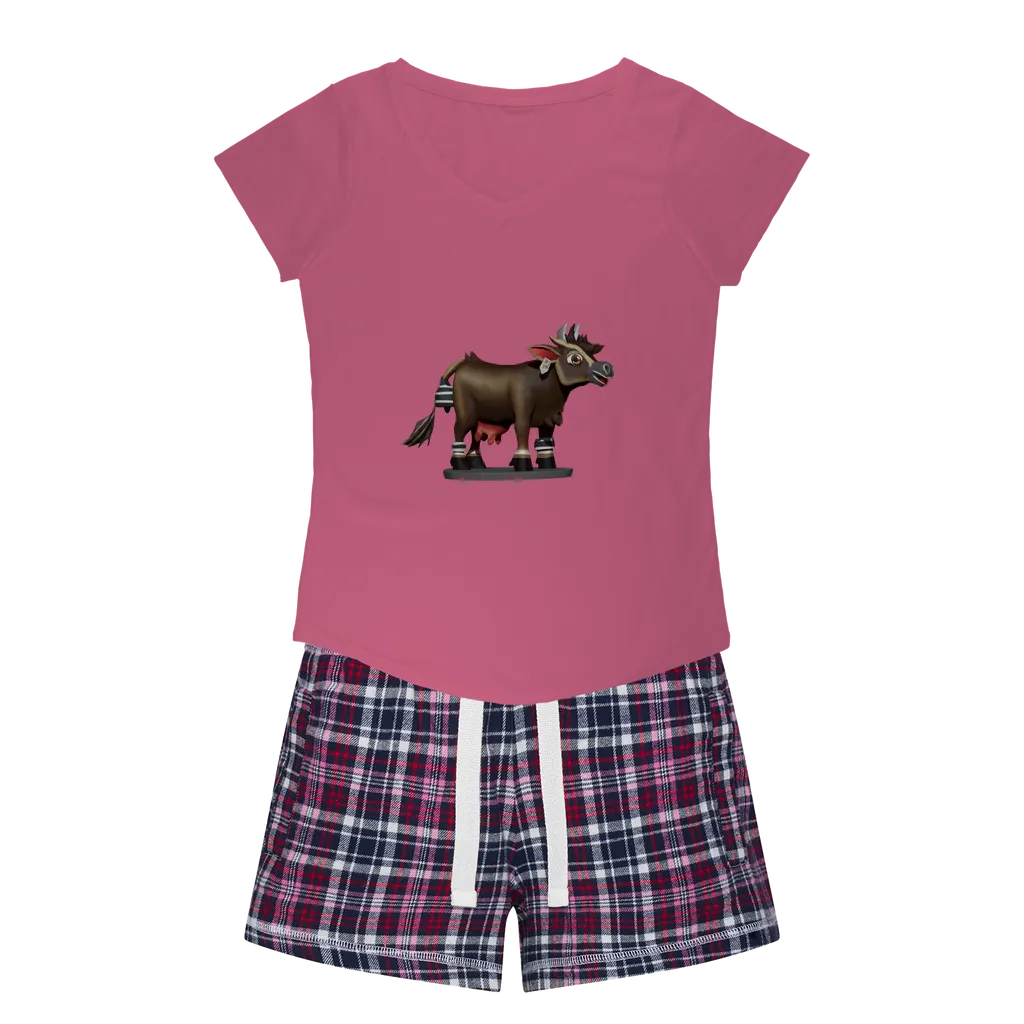 Dark Brown Cow Women's Sleepy Tee and Flannel Short