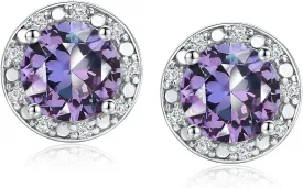 DAYBYDAY Birthstone Earrings for Women 925 Sterling Silver Halo Stud Earrings, Small Round/Cushion/Heart Gemstone Earrings Birthstone Jewelry