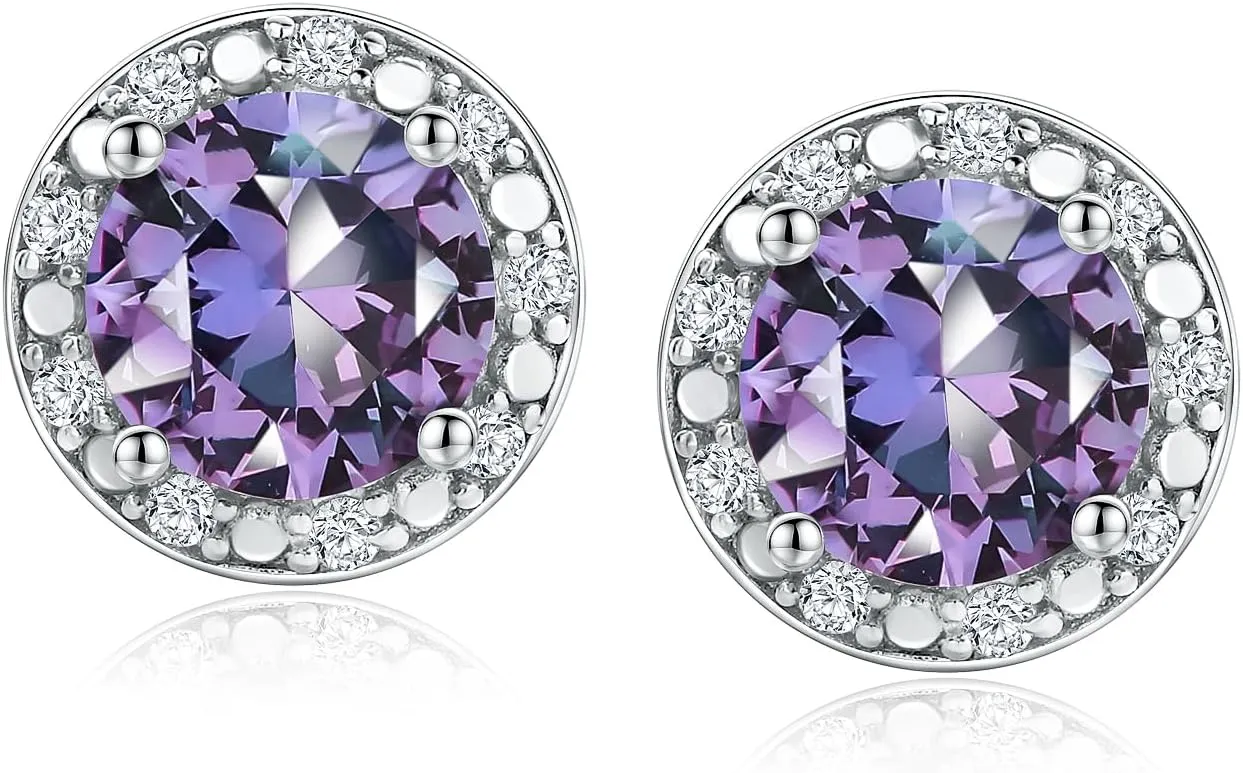 DAYBYDAY Birthstone Earrings for Women 925 Sterling Silver Halo Stud Earrings, Small Round/Cushion/Heart Gemstone Earrings Birthstone Jewelry