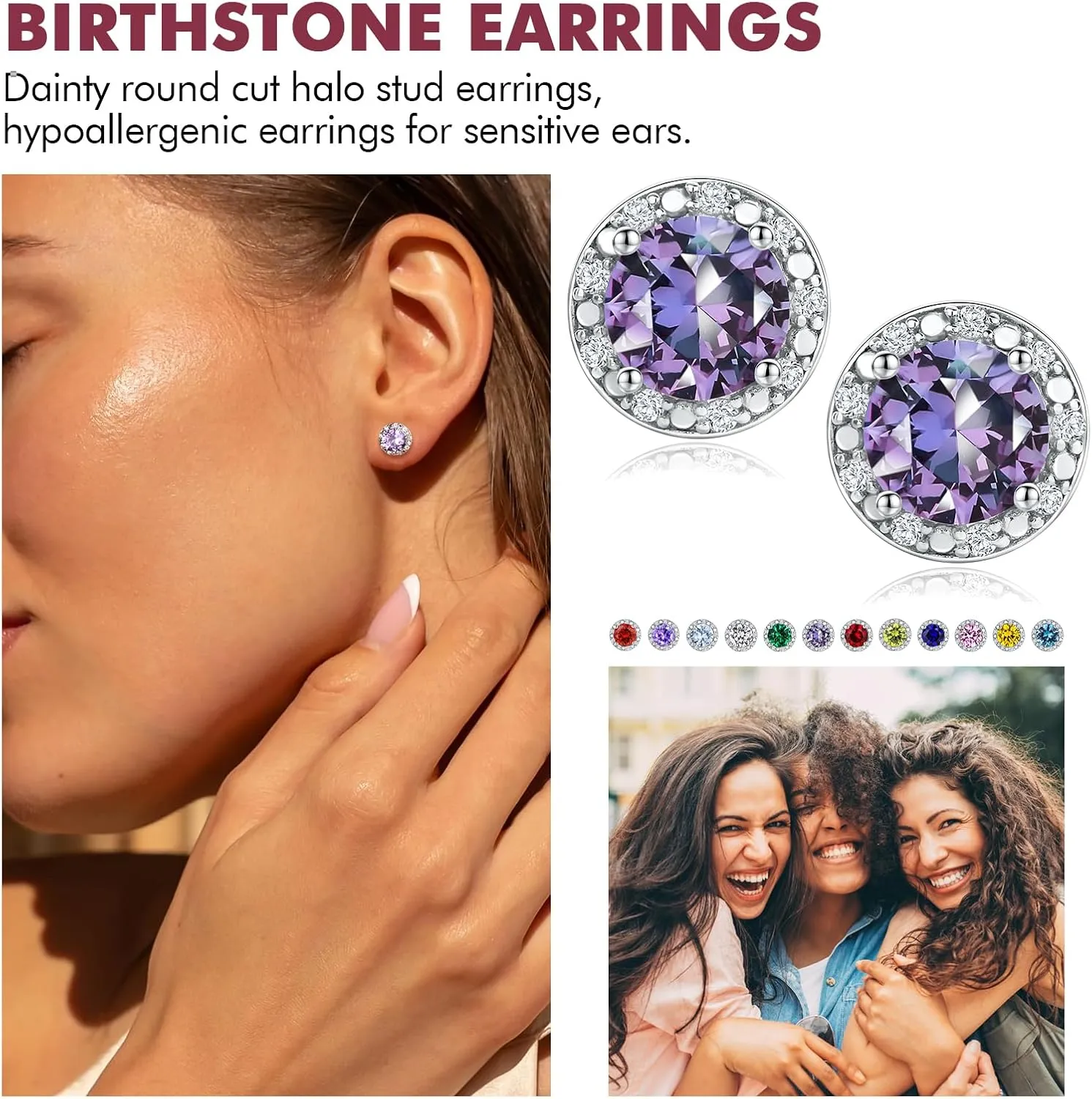 DAYBYDAY Birthstone Earrings for Women 925 Sterling Silver Halo Stud Earrings, Small Round/Cushion/Heart Gemstone Earrings Birthstone Jewelry