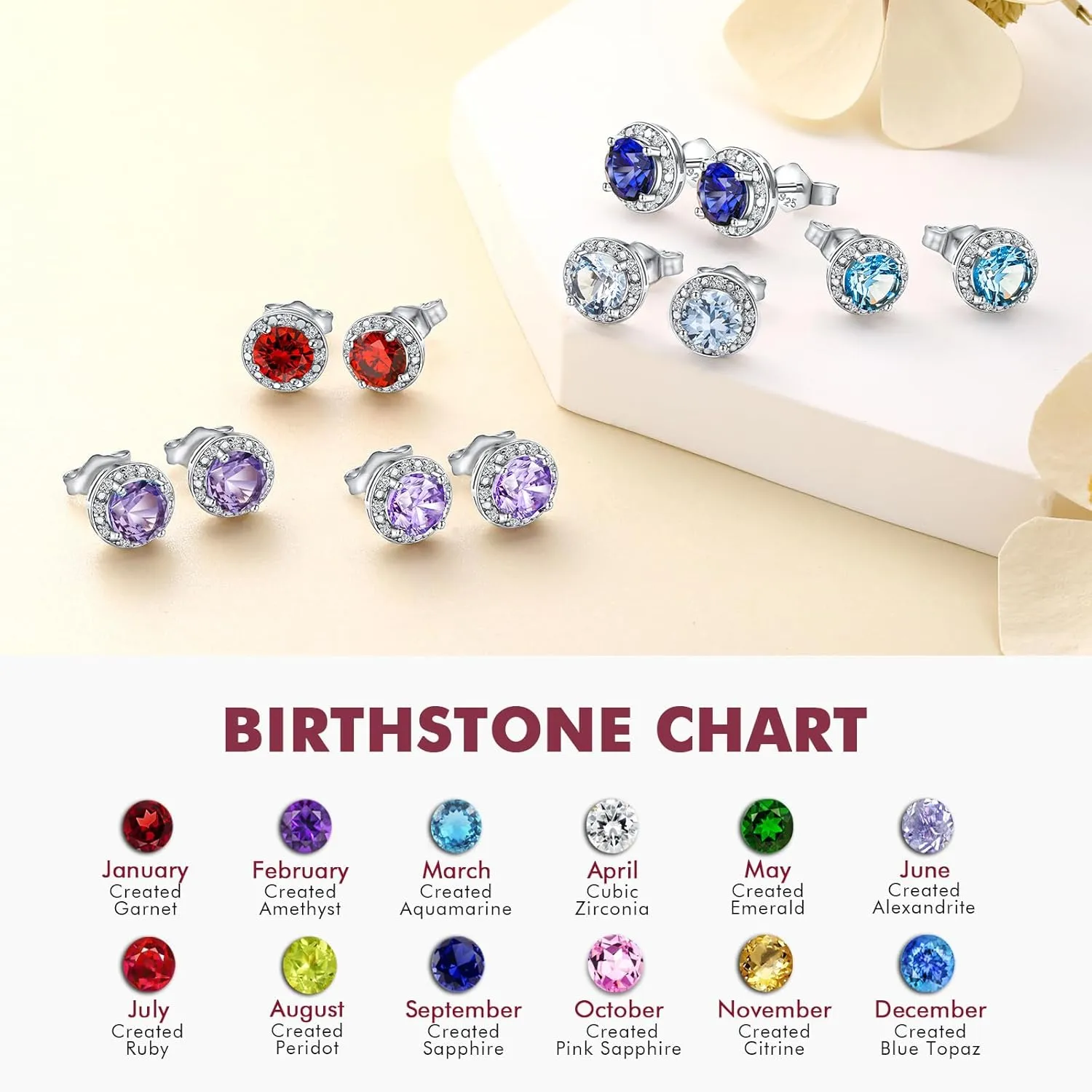 DAYBYDAY Birthstone Earrings for Women 925 Sterling Silver Halo Stud Earrings, Small Round/Cushion/Heart Gemstone Earrings Birthstone Jewelry