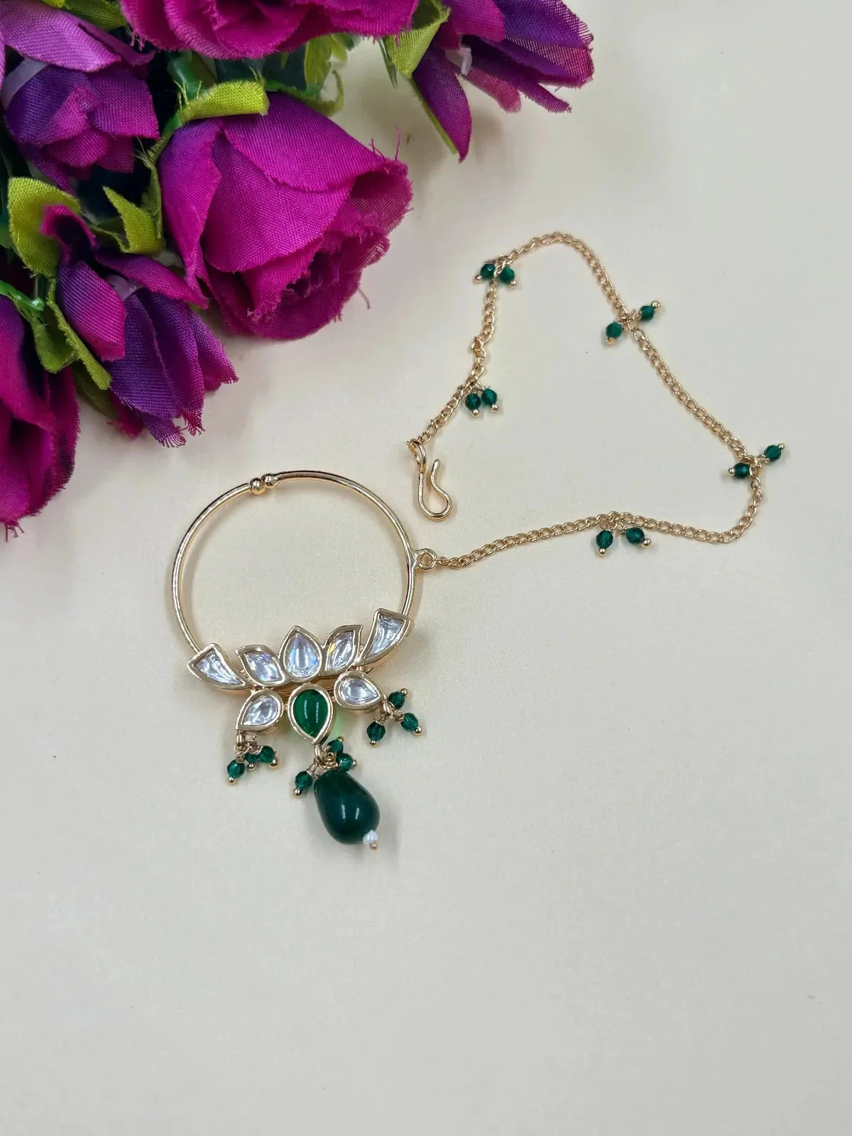 Designer Rose Gold Finish Polki Kundan Nath | Nose Ring For Weddings