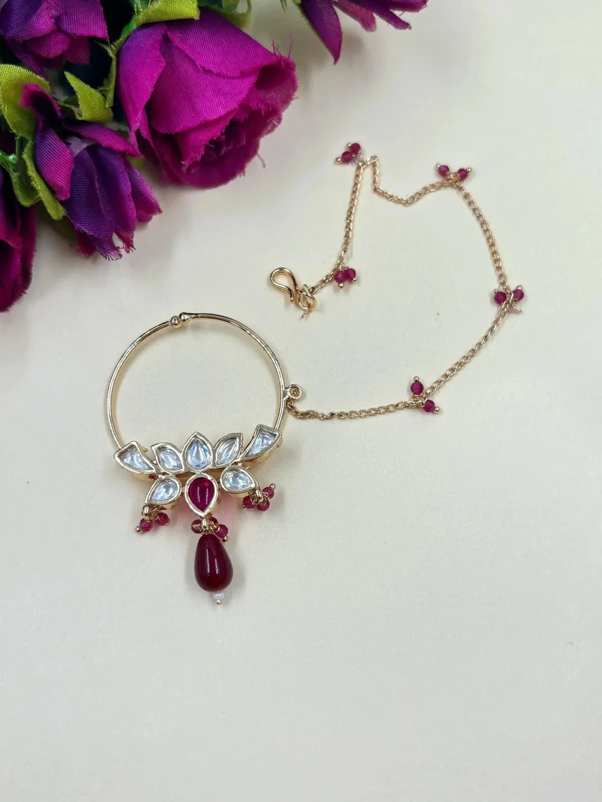 Designer Rose Gold Finish Polki Kundan Nath | Nose Ring For Weddings