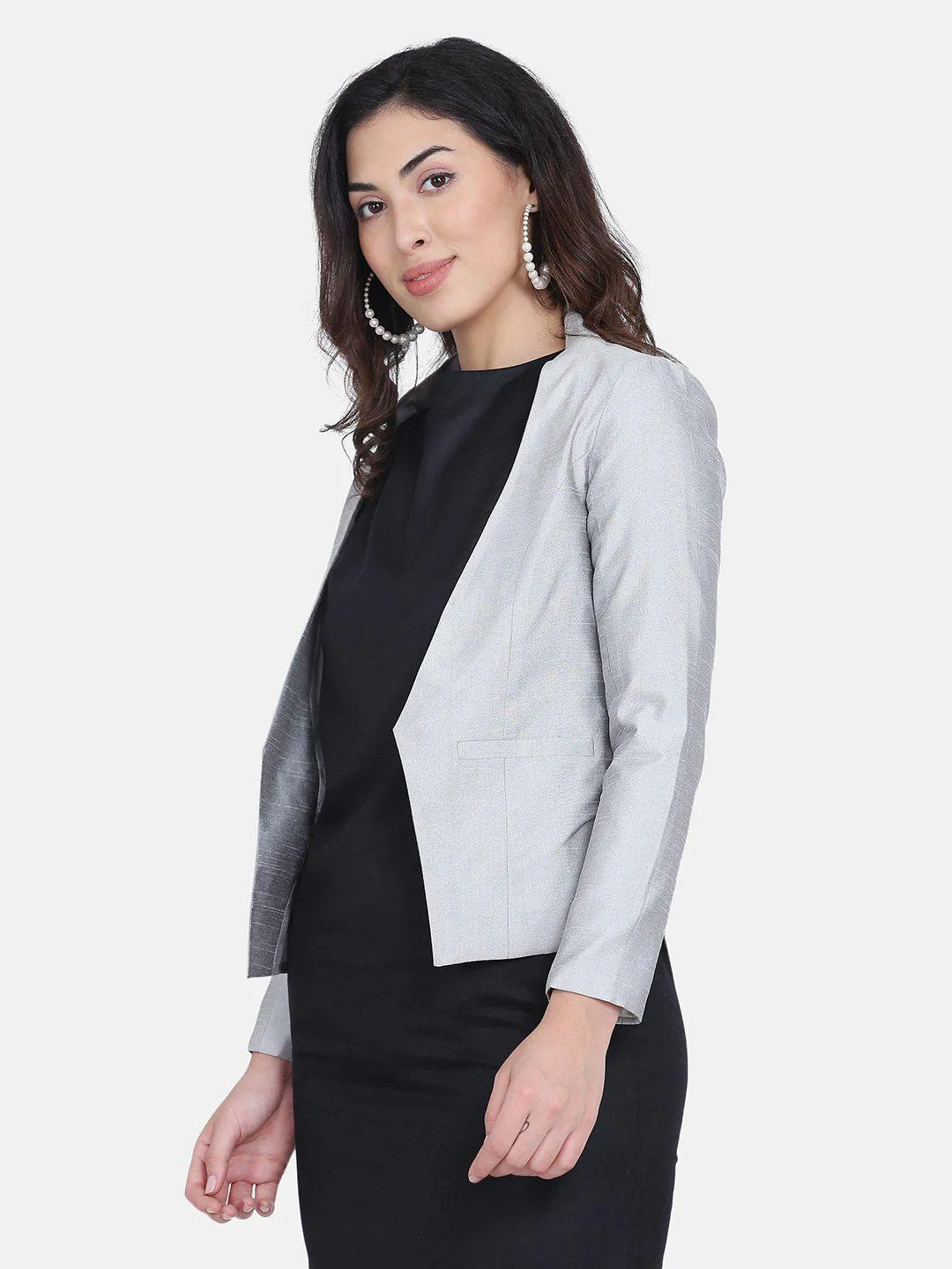 Dupioni Open Front Jacket - Silver Grey