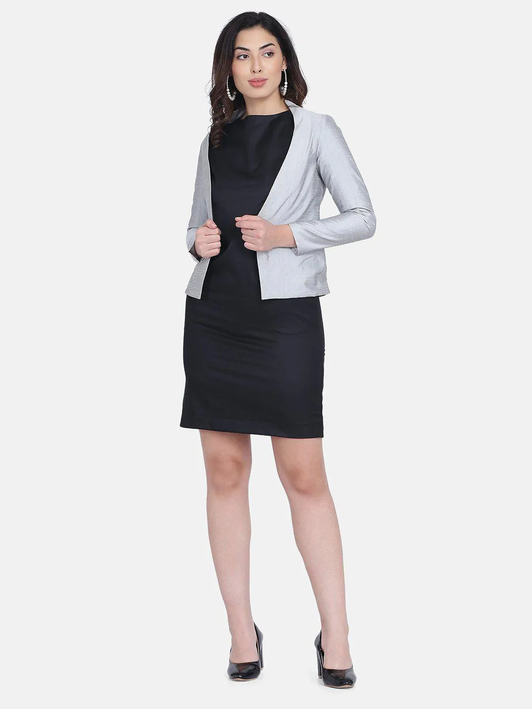 Dupioni Open Front Jacket - Silver Grey