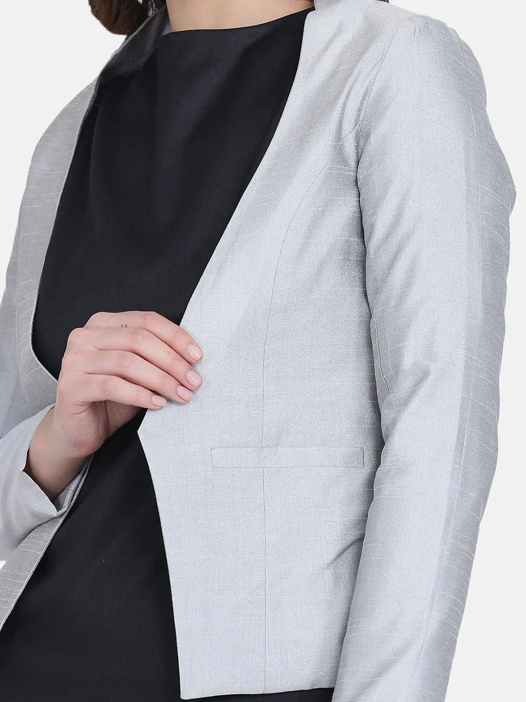 Dupioni Open Front Jacket - Silver Grey