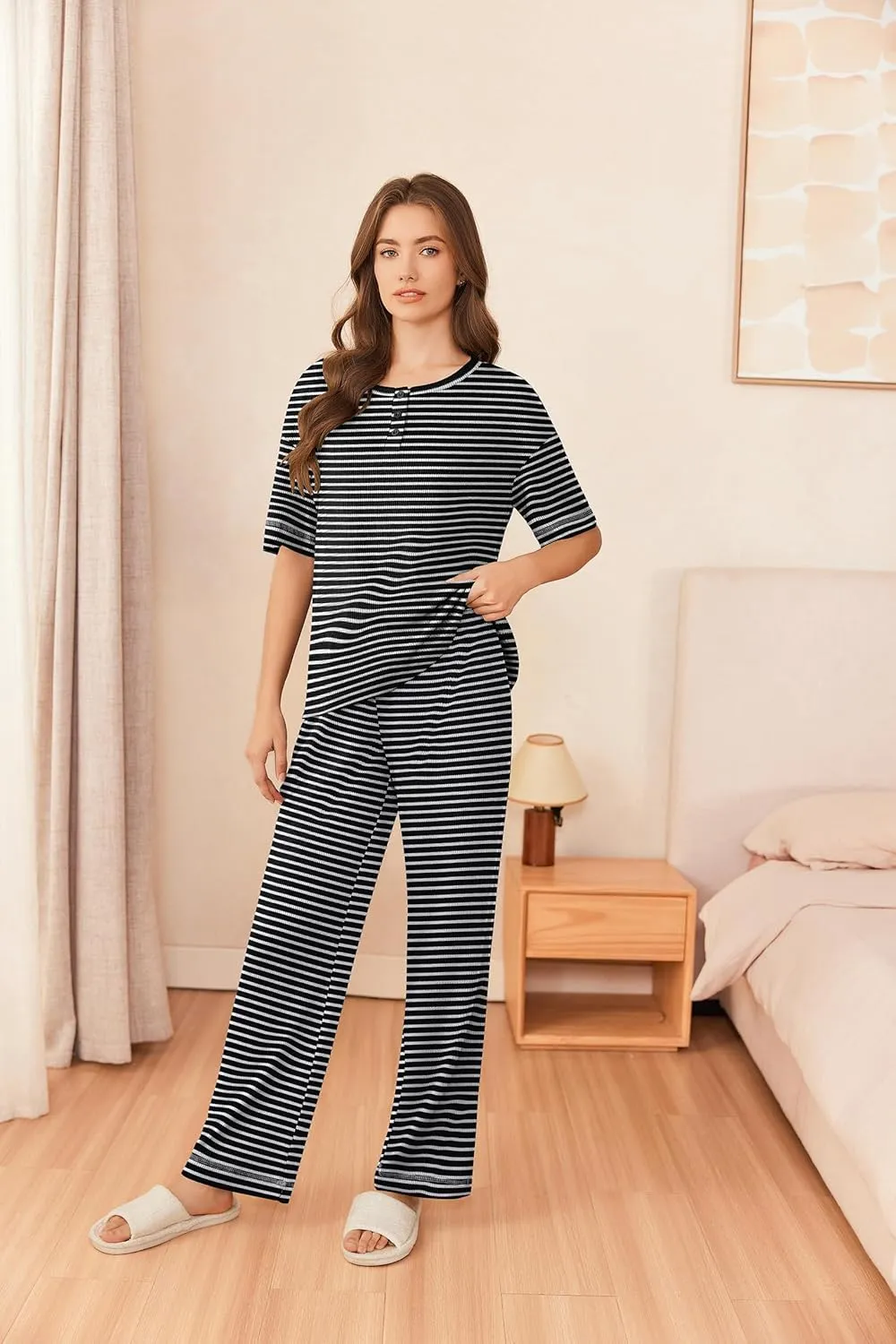 Ekouaer Lounge Sets for Women Waffle Knit Womens Pajama Sets 2 Piece Pjs Sets with Pockets Short Sleeve Top Long Pant
