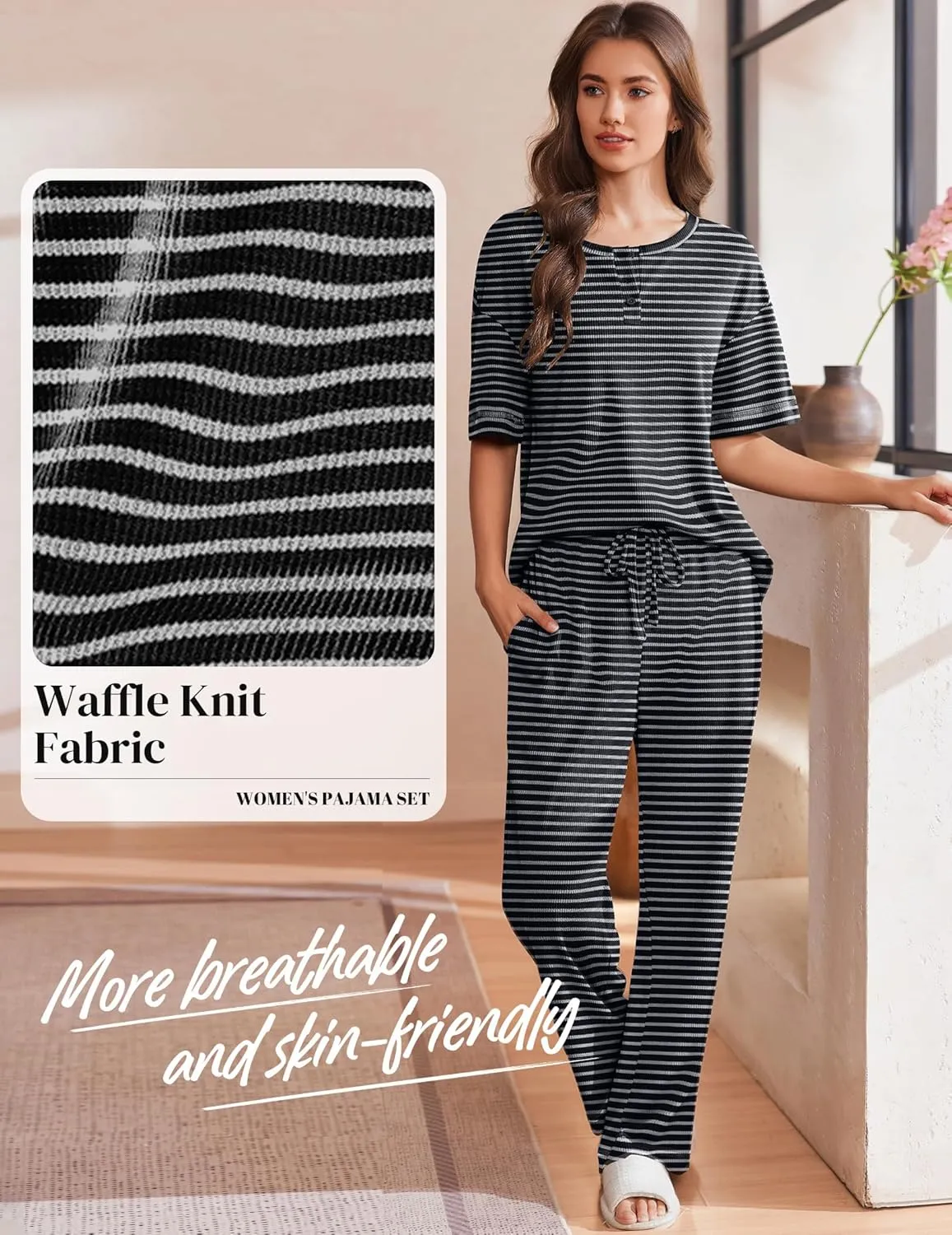 Ekouaer Lounge Sets for Women Waffle Knit Womens Pajama Sets 2 Piece Pjs Sets with Pockets Short Sleeve Top Long Pant