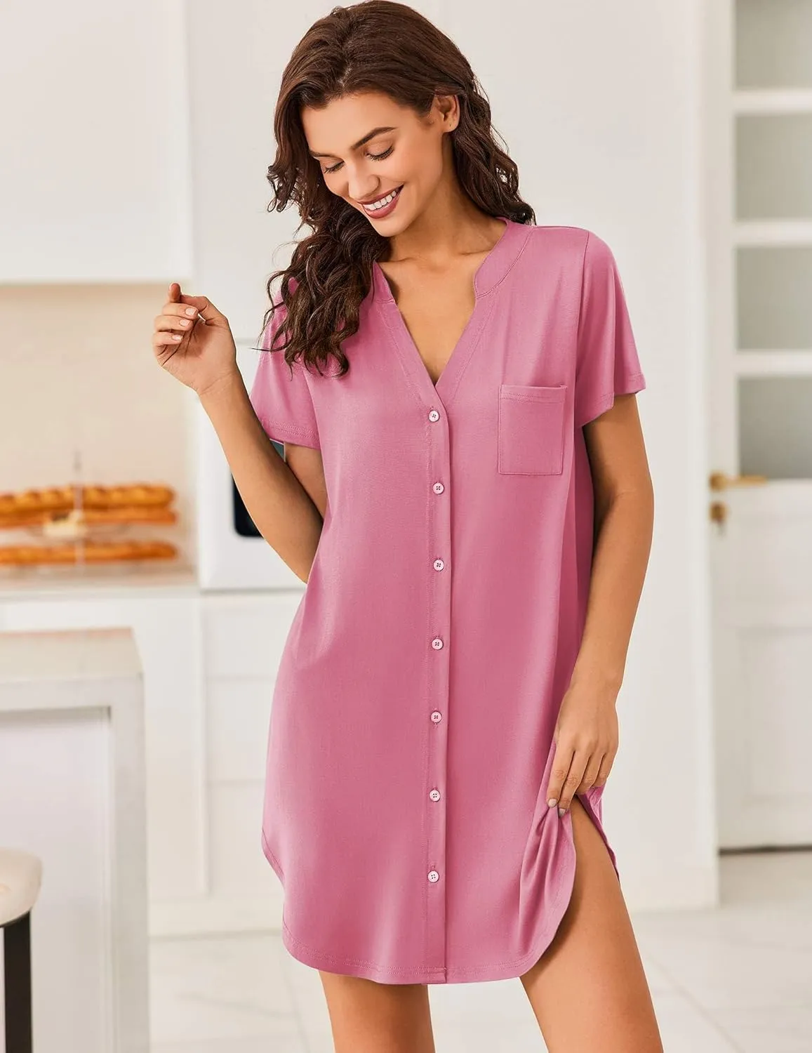 Ekouaer Women V Neck Button Down Nightgown