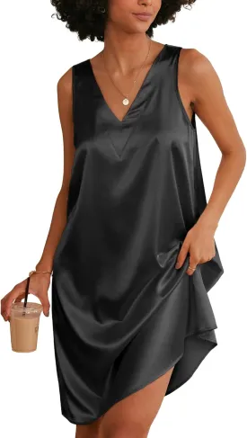 Ekouaer Women's Satin Silk Nightgown V Neck Nightie Tank Sleepshirt Sleeveless Summer Dress Comfy Loungewear