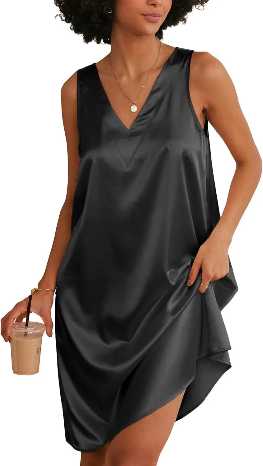 Ekouaer Women's Satin Silk Nightgown V Neck Nightie Tank Sleepshirt Sleeveless Summer Dress Comfy Loungewear