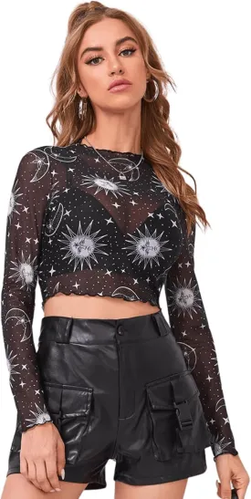 Floerns Women's Long Sleeve See Though Sheer Mesh Crop Tee Tops