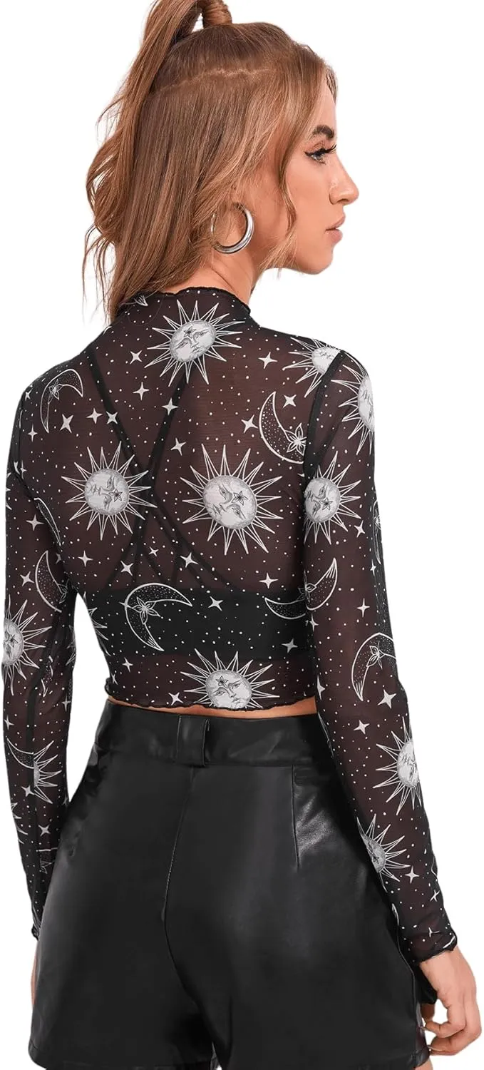 Floerns Women's Long Sleeve See Though Sheer Mesh Crop Tee Tops
