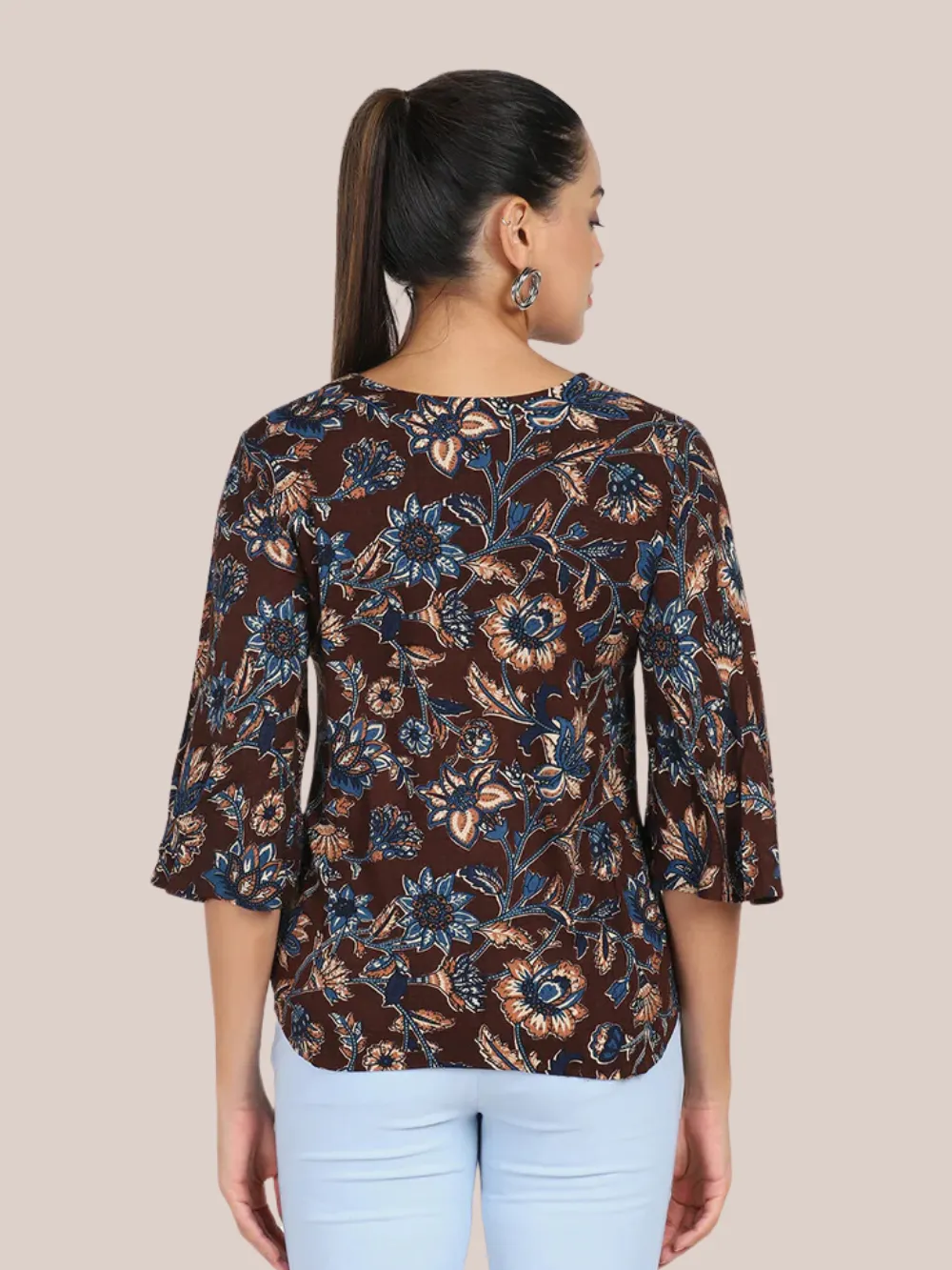 Floral Cotton Top - Brown & Blue