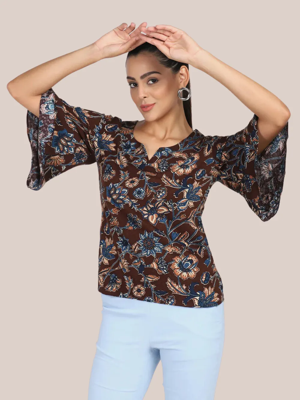 Floral Cotton Top - Brown & Blue