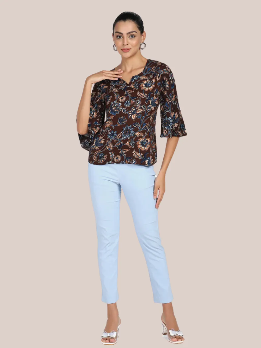 Floral Cotton Top - Brown & Blue