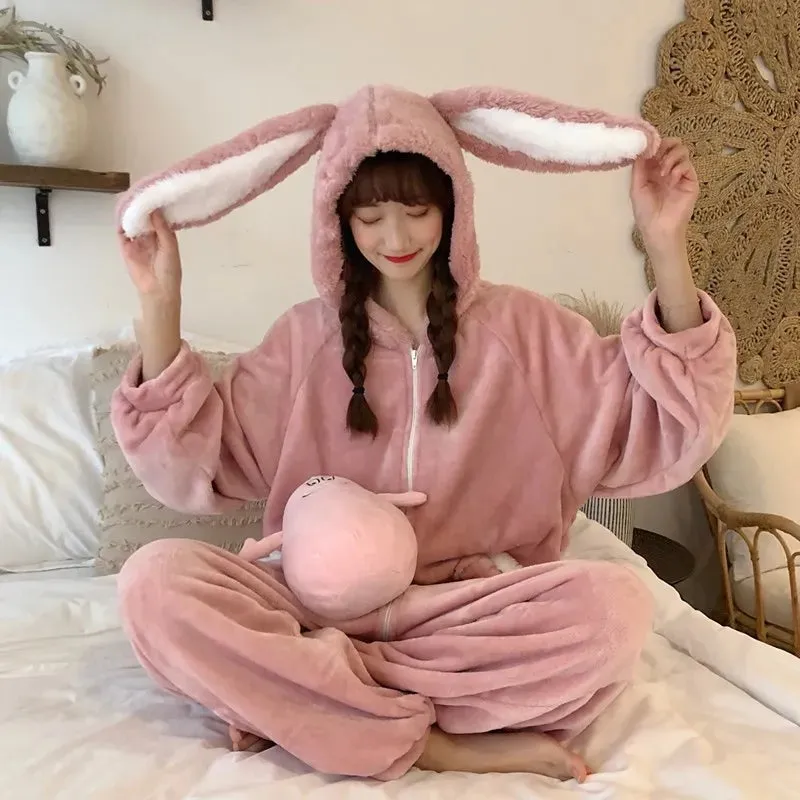 Fluffy Bunny Hoodie Ears Pink Winter Onesie | One Size