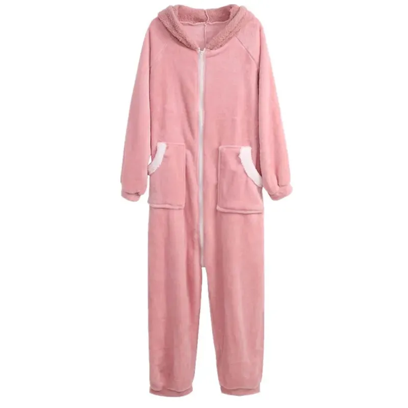 Fluffy Bunny Hoodie Ears Pink Winter Onesie | One Size