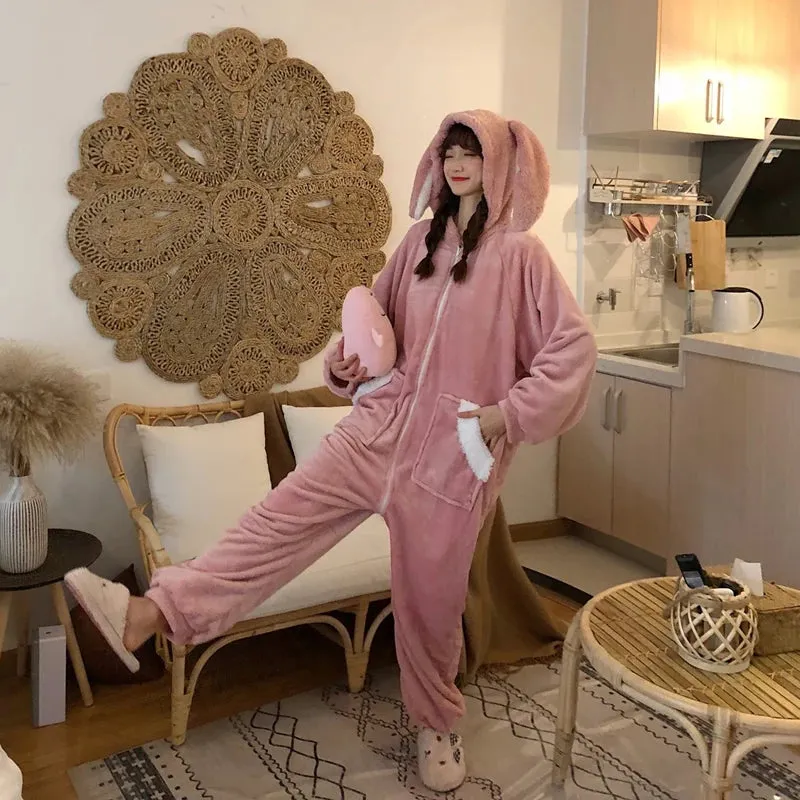 Fluffy Bunny Hoodie Ears Pink Winter Onesie | One Size