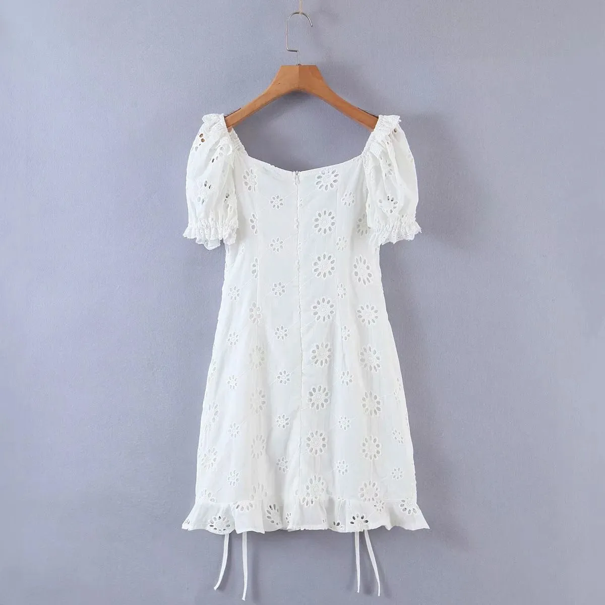 Frill White Cotton Eyelet Shirred Criss Cross Ruffle Hem Dress