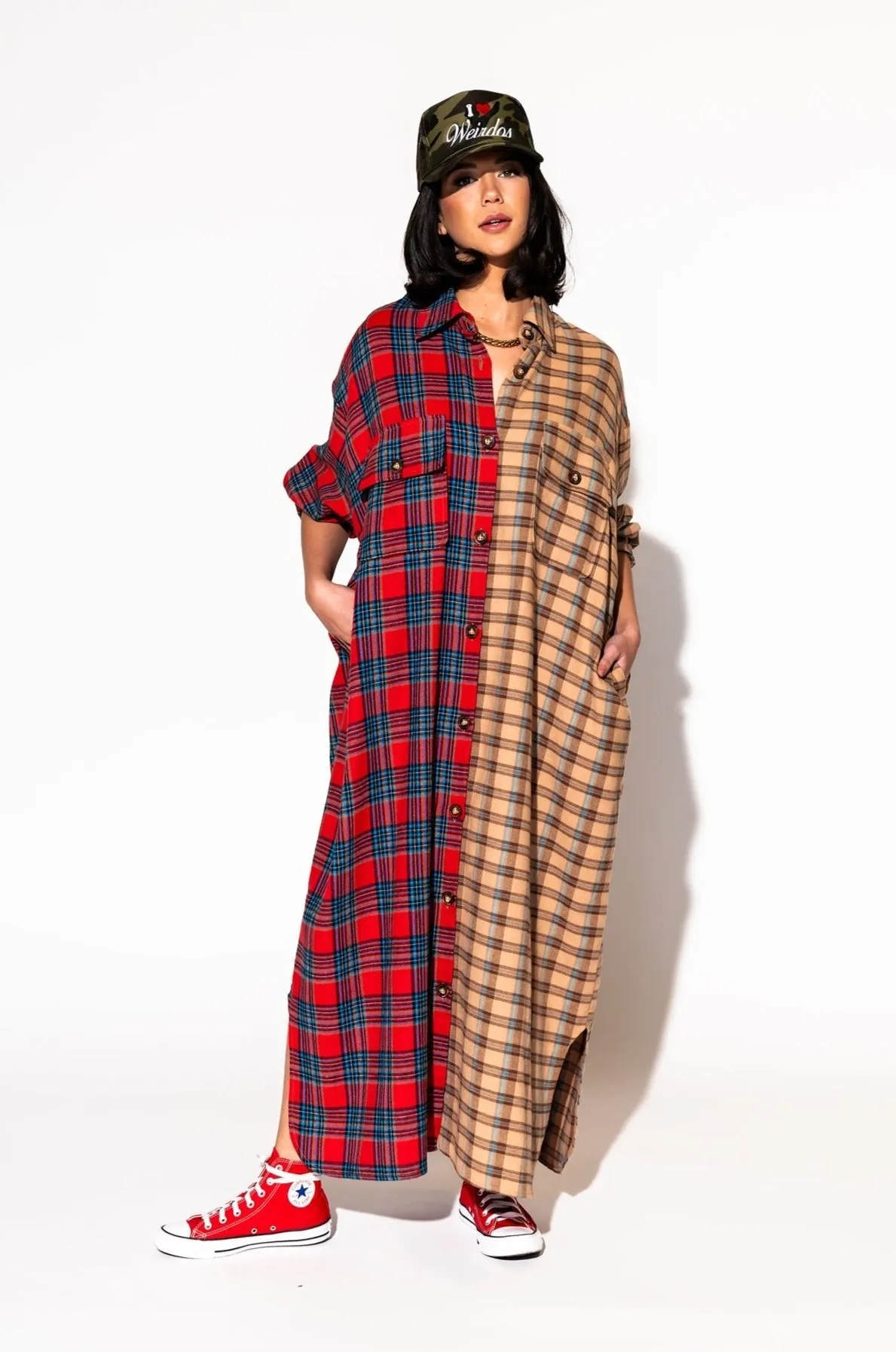 Grunge Goddess Flannel Dress/Duster in Red   Tan