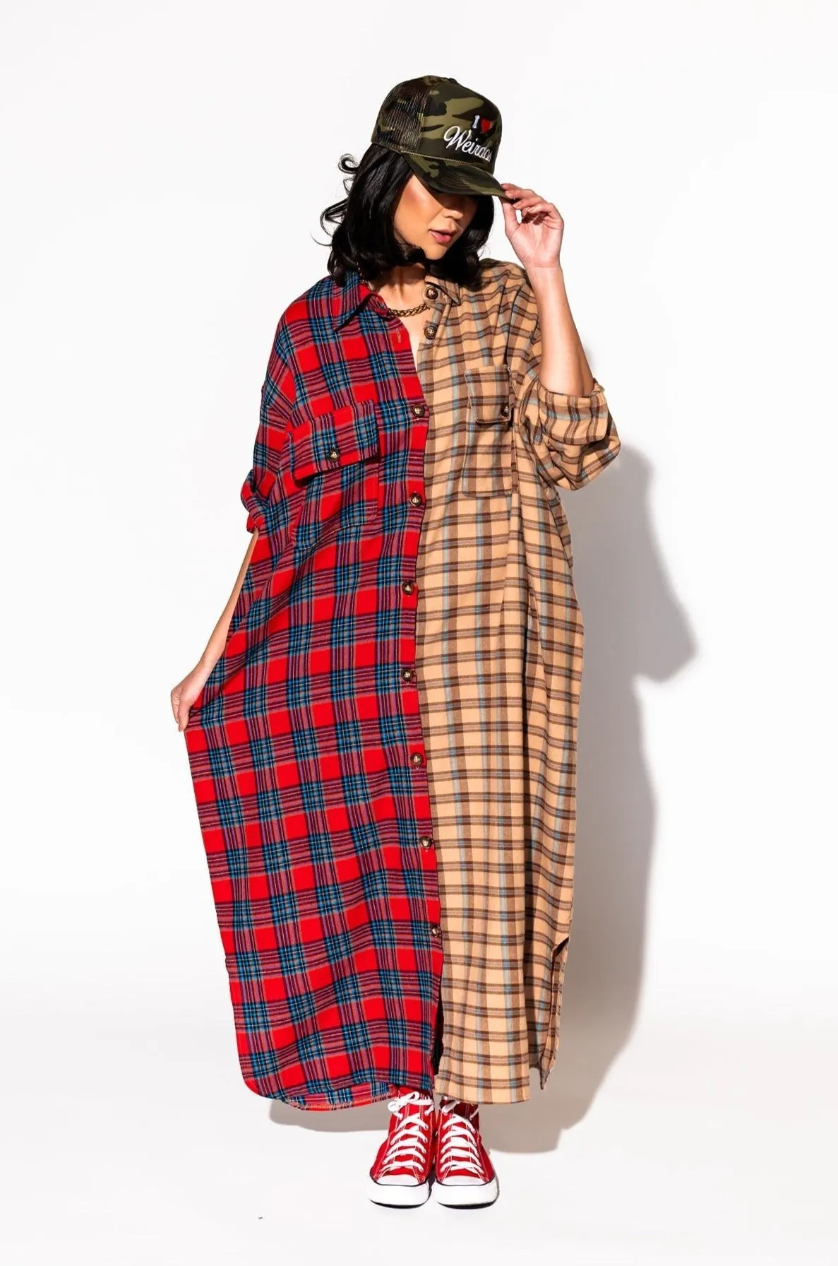 Grunge Goddess Flannel Dress/Duster in Red   Tan