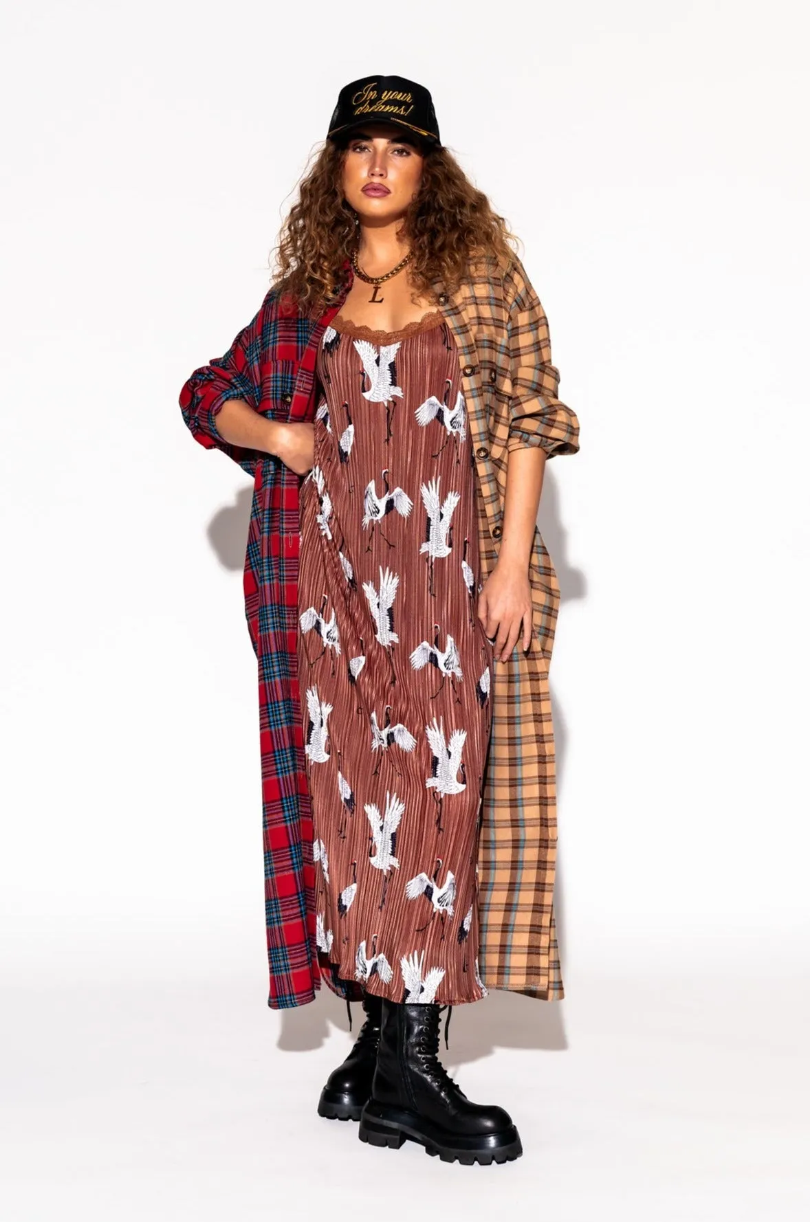 Grunge Goddess Flannel Dress/Duster in Red   Tan
