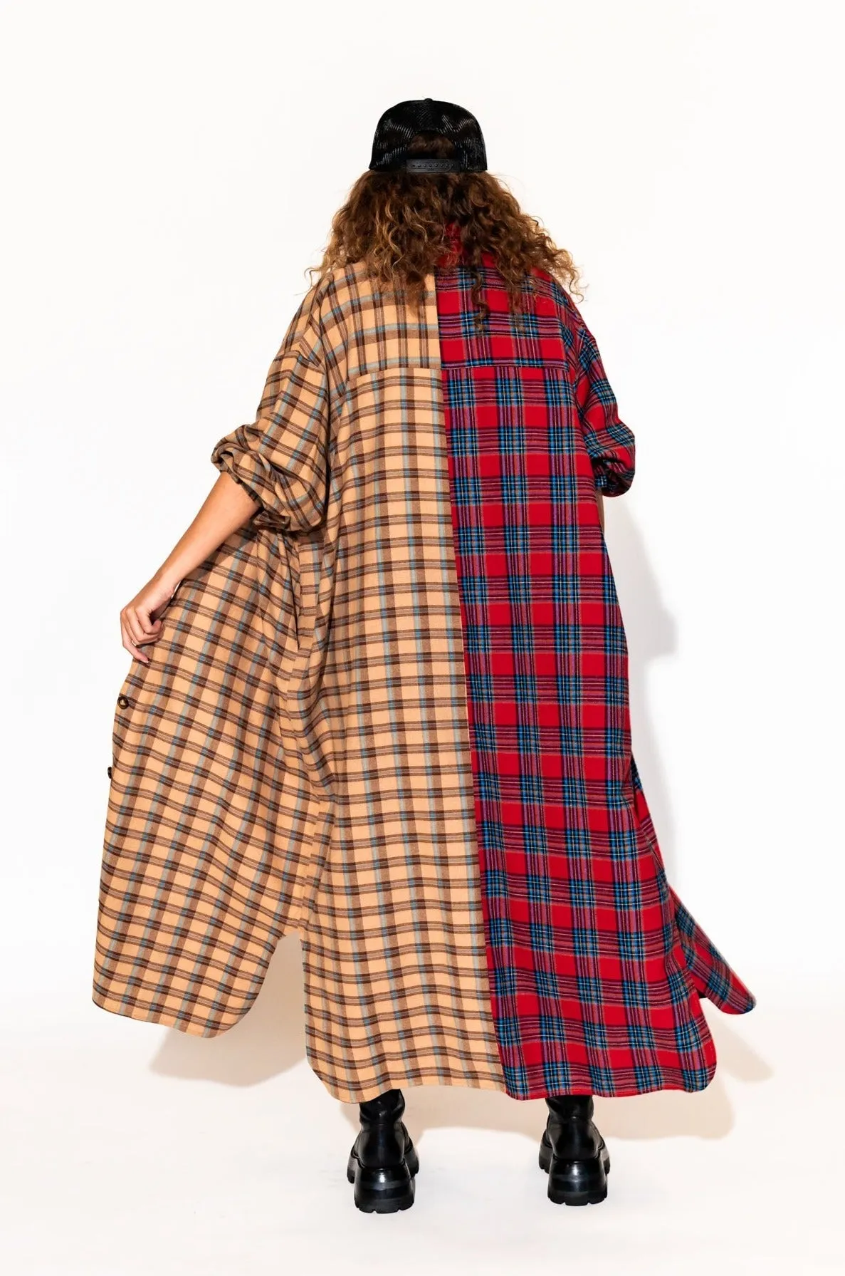 Grunge Goddess Flannel Dress/Duster in Red   Tan