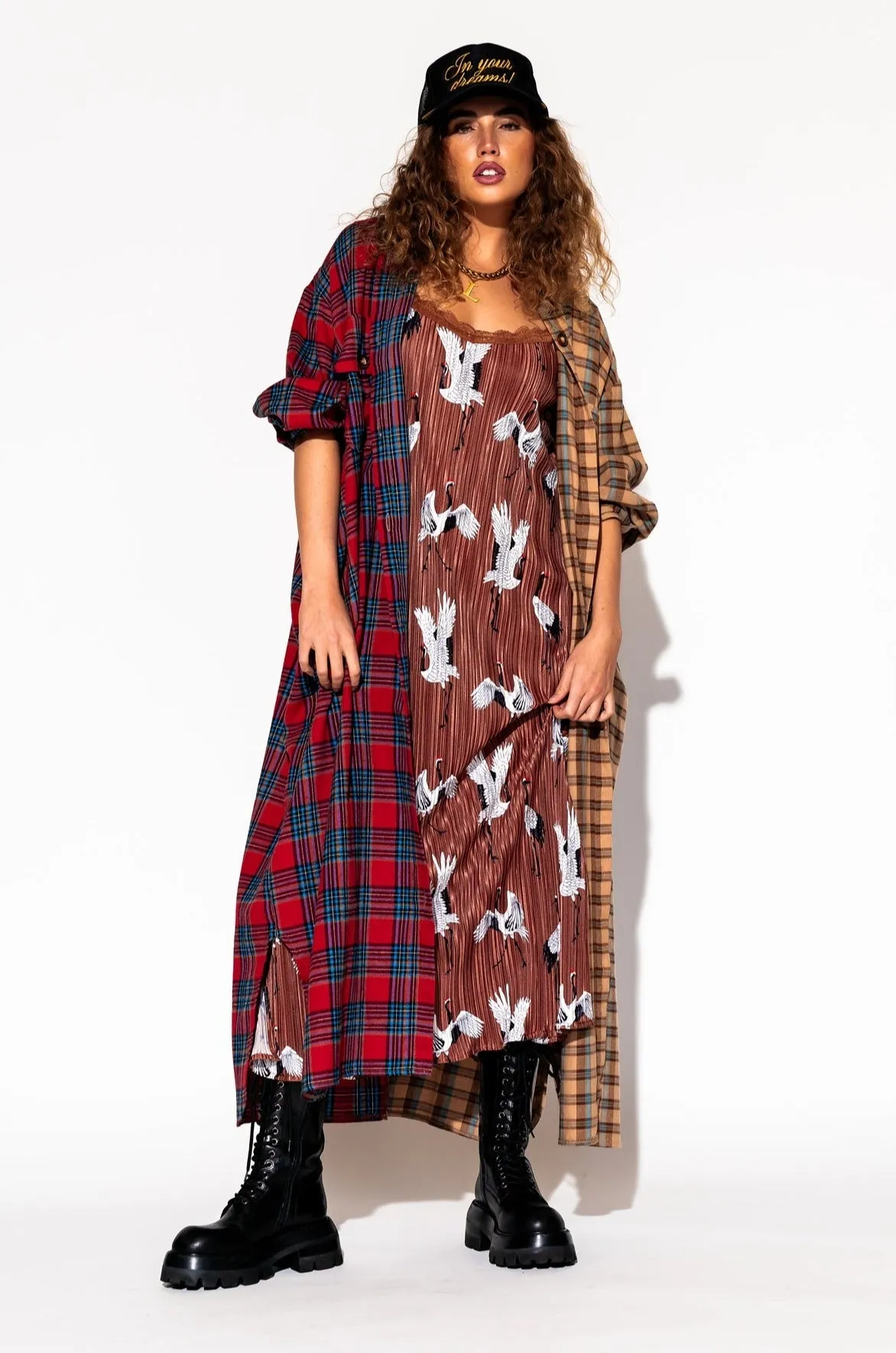 Grunge Goddess Flannel Dress/Duster in Red   Tan
