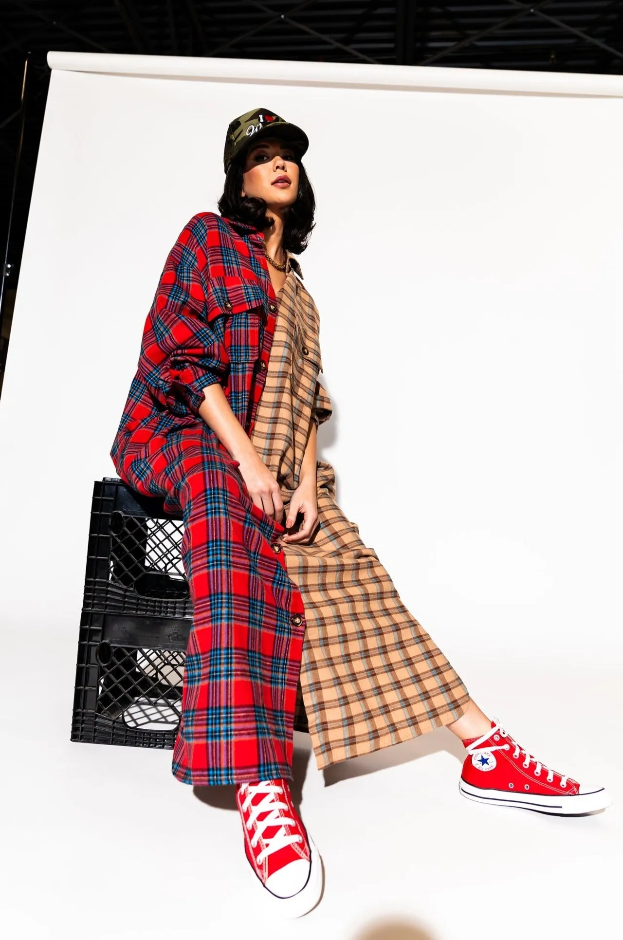 Grunge Goddess Flannel Dress/Duster in Red   Tan