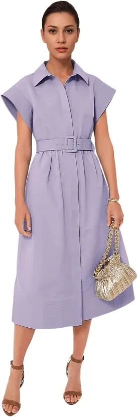 Haellun Women's Elegant Dress Classy Turn Down Collar Shirt Dress with Belt Short Wing Sleeve Trench Coat(Purple,M), Medium