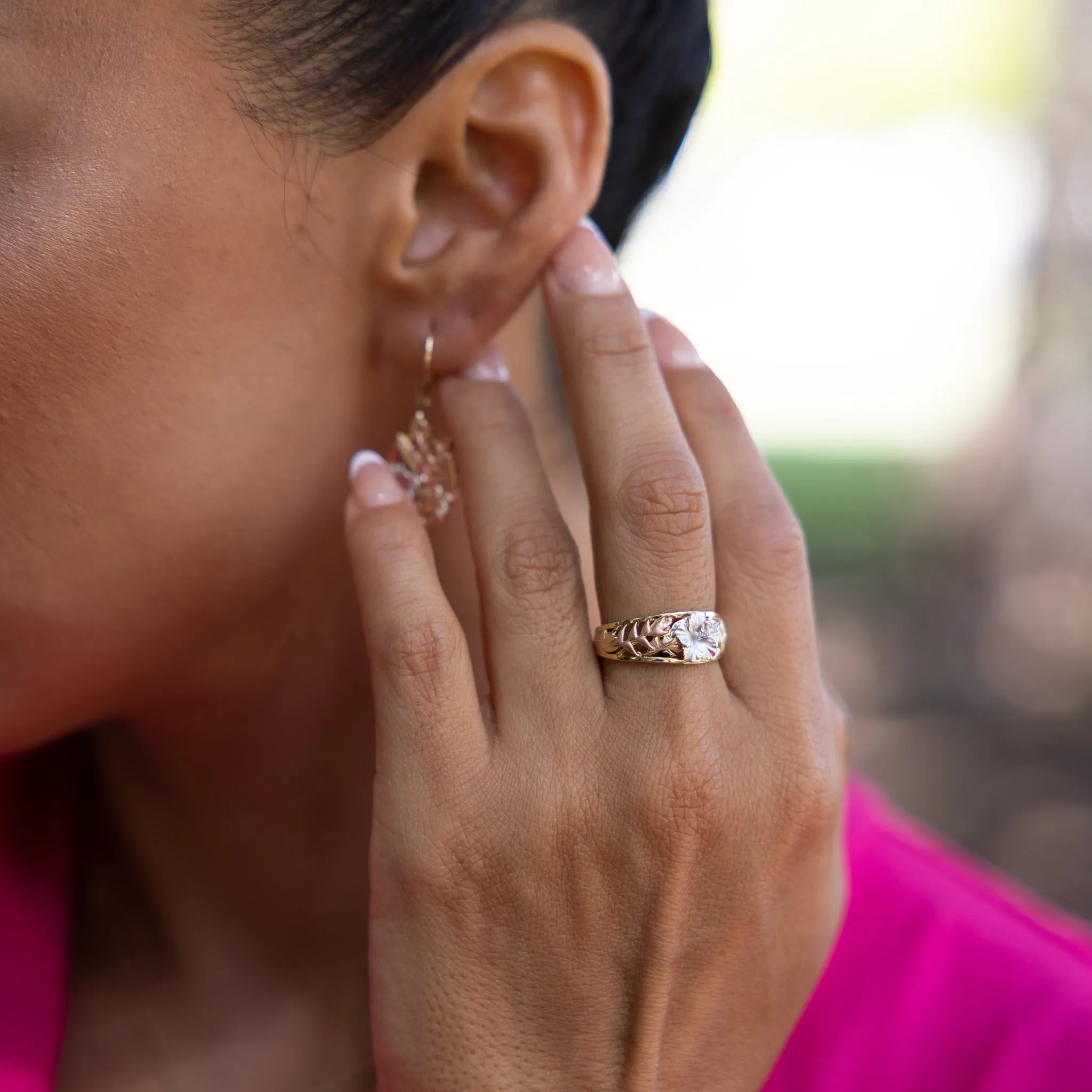 Hawaiian Gardens Hibiscus Ring in Multi Color Gold with Diamonds - 8mm