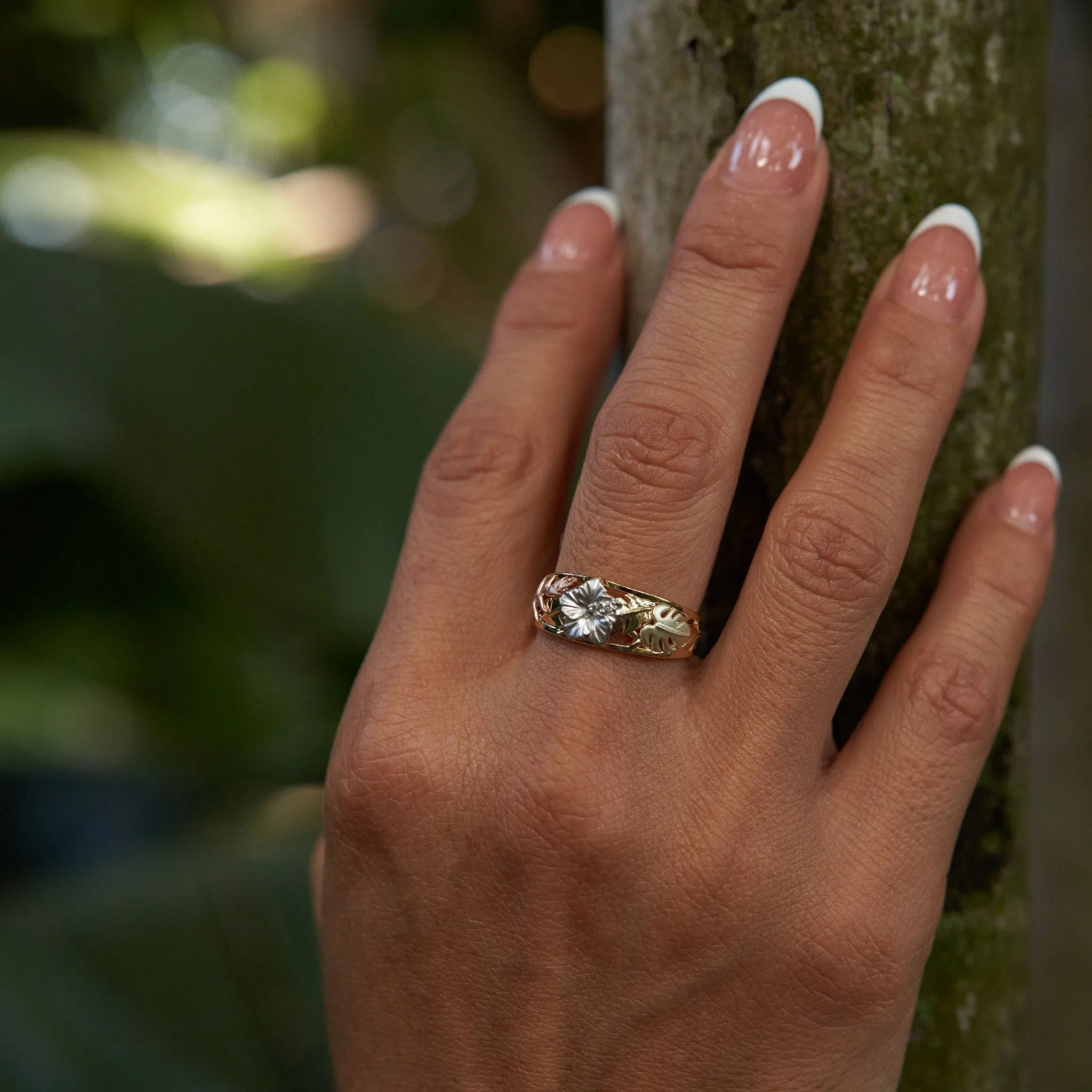 Hawaiian Gardens Hibiscus Ring in Multi Color Gold with Diamonds - 8mm